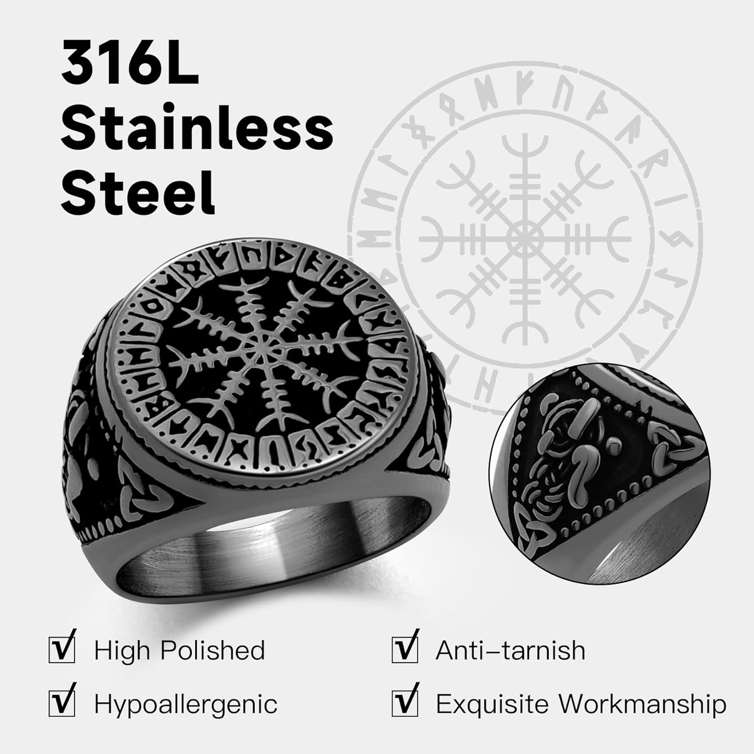 Nordic Battle Axe Ring Viking Vegvisir Pirate Compass Rings Stainless Steel/18K Gold Plated/Black Norse Symbol Vintage Jewelry for Men Women Send Gift Box - Image 4