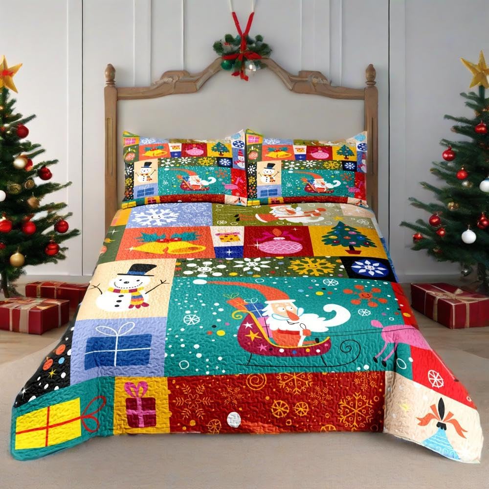 Merry Christmas Patchwork Green Quilt Set Queen - Santa Claus Gift Snowman Checkered Printed Holiday Bedding Set - Soft Microfiber Lightweight Comforter Coverlet Bedspread(Gift, Queen(90"x90"))