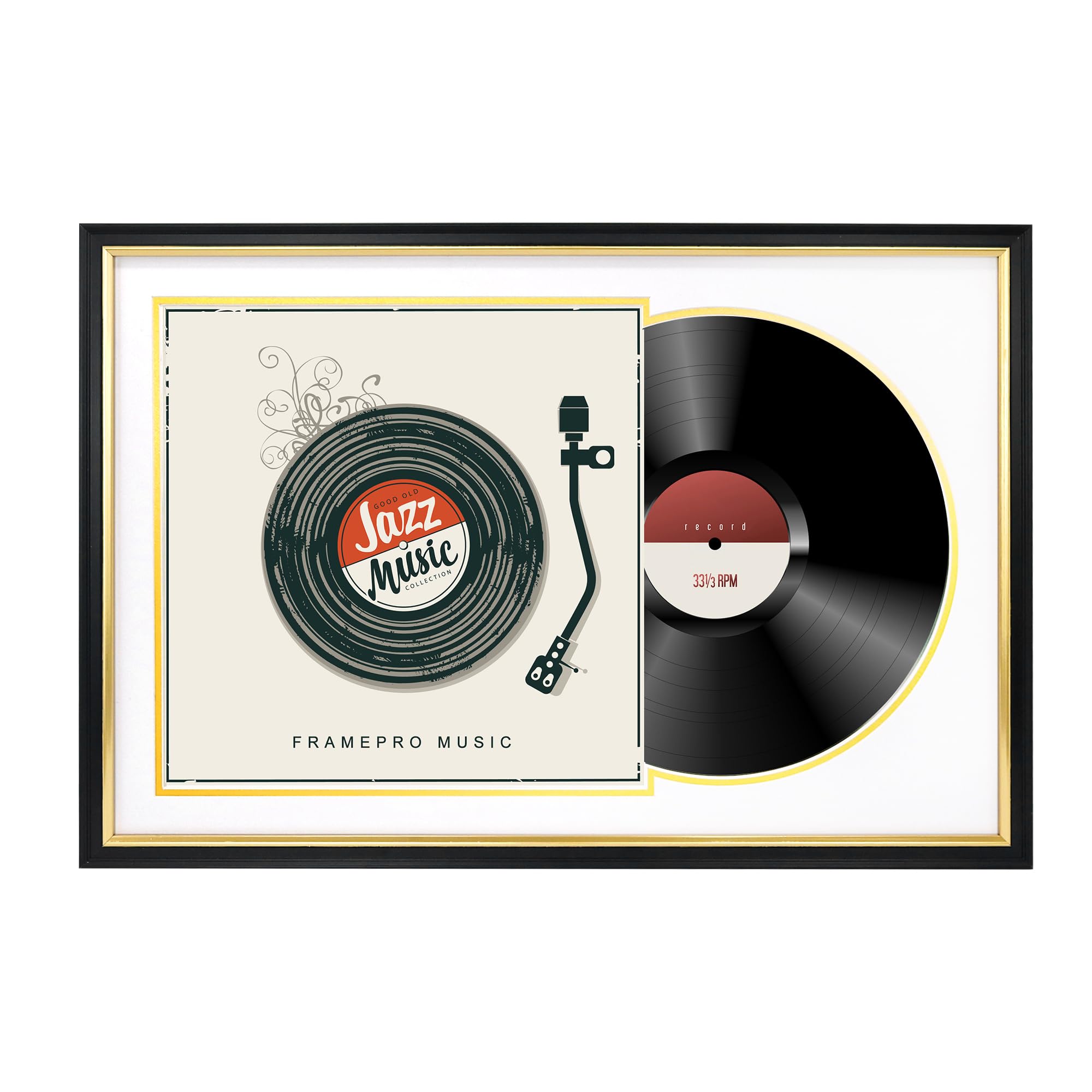 FramePro Jukebox Cadre de disque avec 2 passe-partout double face (blanc sur or), cadres d'album pour couvertures de disque vinyle de 30,5 x 30,5 cm, montage mural, décoration d'intérieur, cadre photo