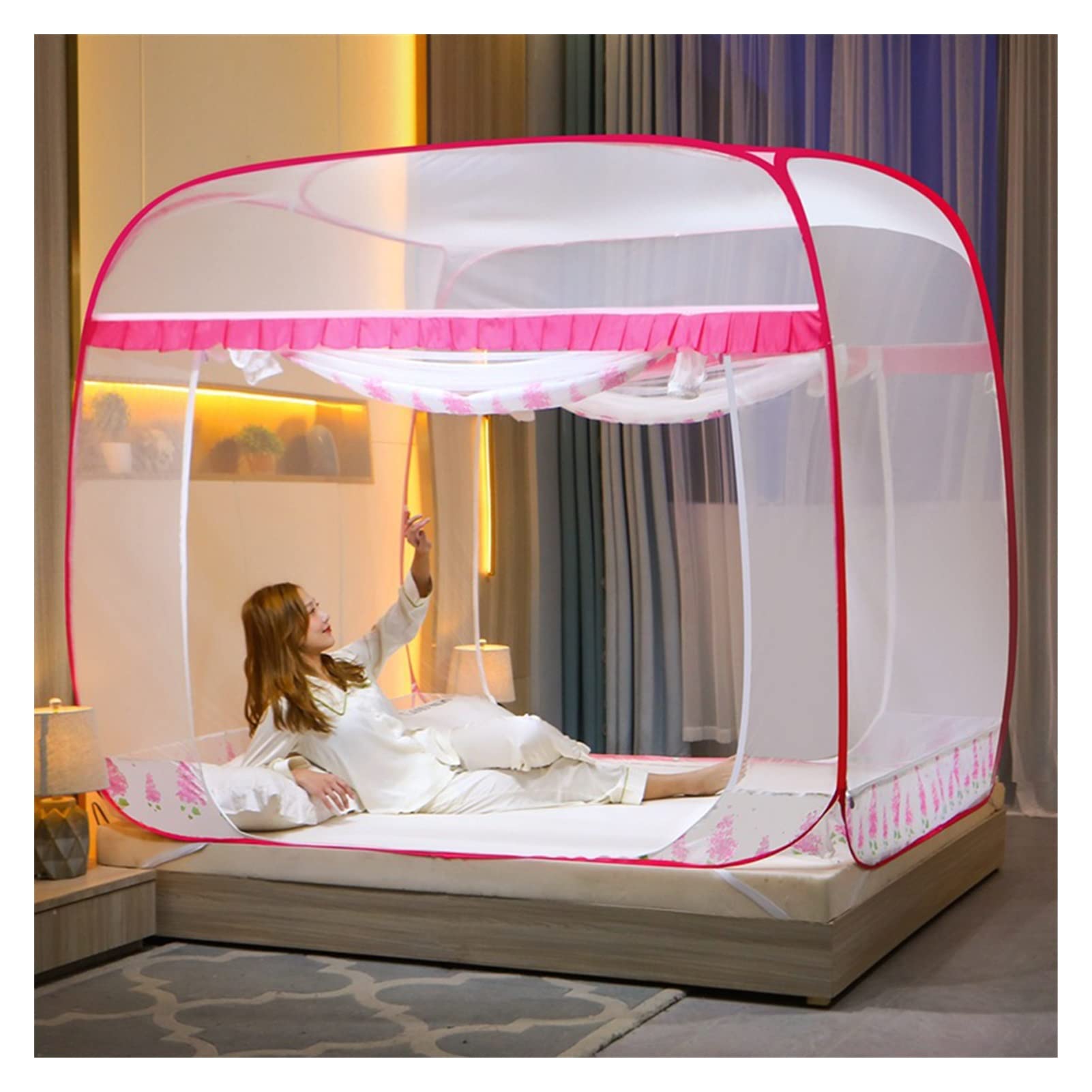 Mosquito Net Bed Canopy Automatic Square Top Zipper Encryption Folding Wire