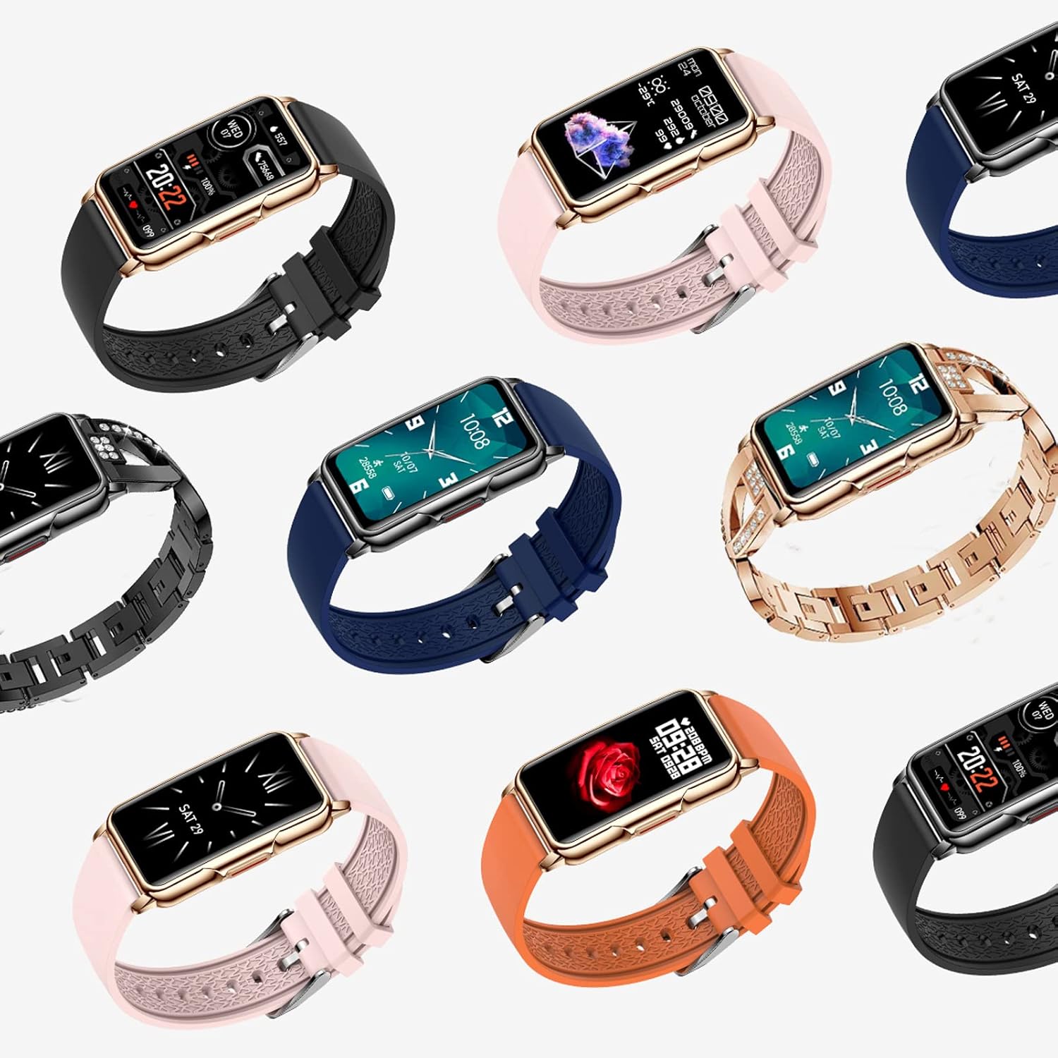 Multiple findtime smartwatches with different colored bands, including rose gold metal, black silicone, pink silicone, blue silicone, and brown leather.