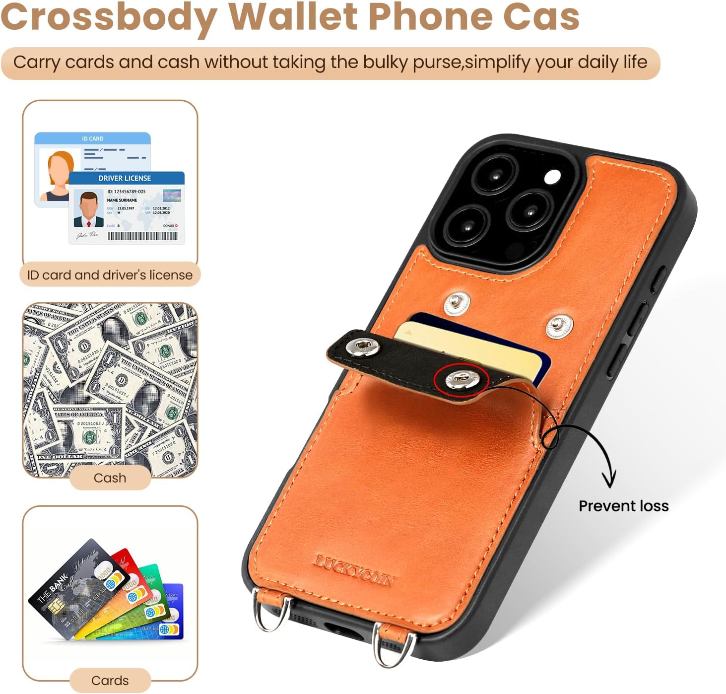 LUCKYCOIN for iPhone 16 Pro Max Crossbody Wallet Purse Phone Case, Genuine Leather Phone Case for Women,for iPhone Purses with Expandable Card Holder & Adjustable Removable Crossbody Strap - Brown - Image 2