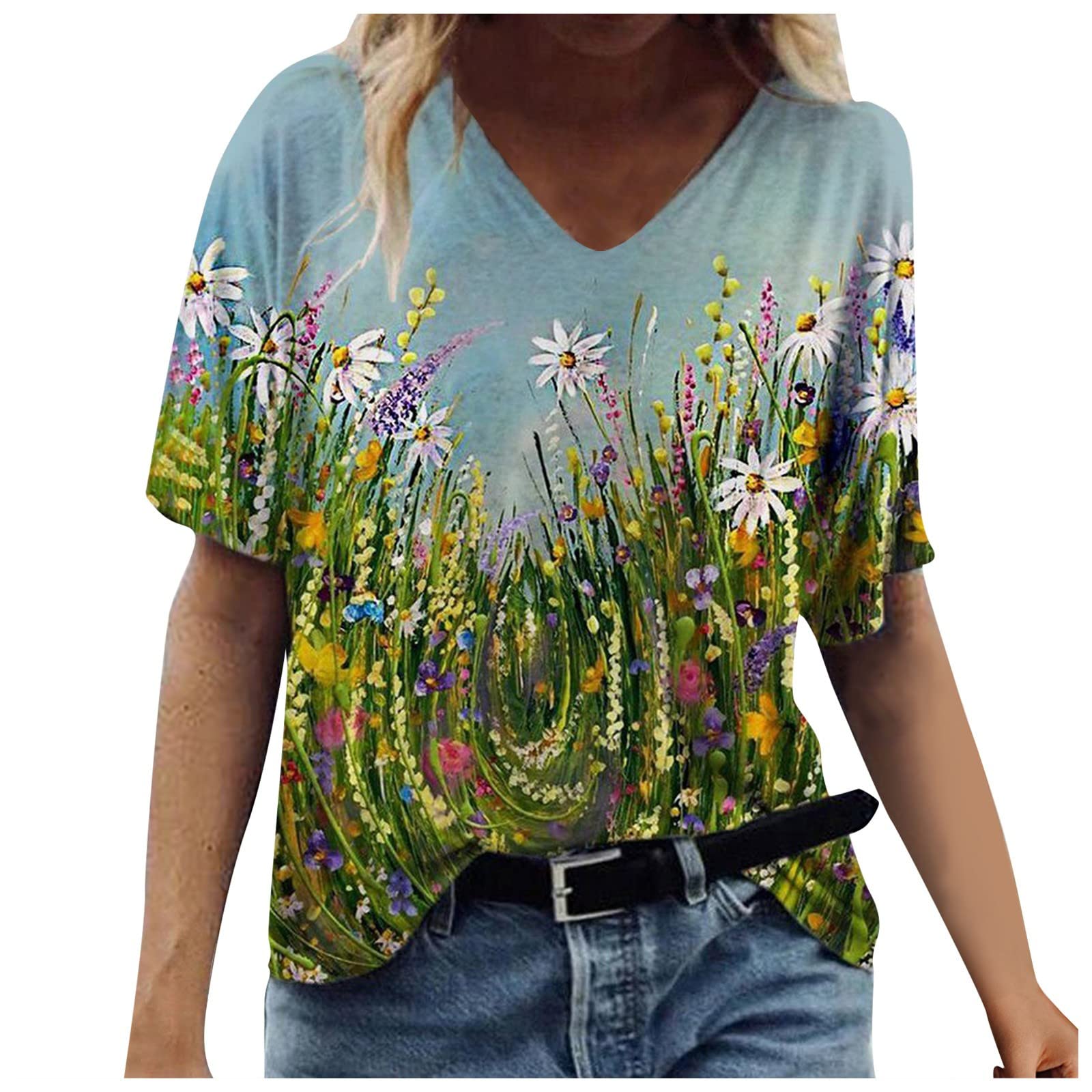 Summer Birthday Shirts for Women Short Sleeves Print Tee Tops V Neck Loose Fit T-Shirt Tees 2023 Casual Fashion Tshirt