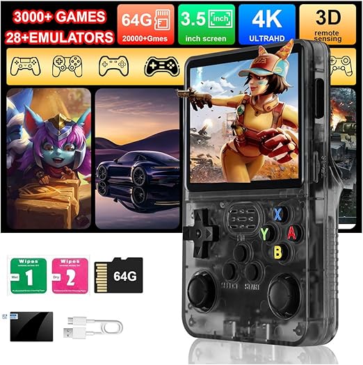R36S Handheld Game Console, 3.5" IPS Screen Retro Game Emulator with Open Source System, Portable Video Gaming Player with Built in 3000+ Games, 64GB TF Card, Gift for Adults Teens Kids, Black