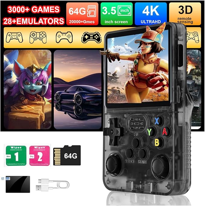 R36S Handheld Game Console, 3.5" IPS Screen Retro Game Emulator with Open Source System, Portable Video Gaming Player with Built in 3000+ Games, 64GB TF Card, Gift for Adults Teens Kids, Black