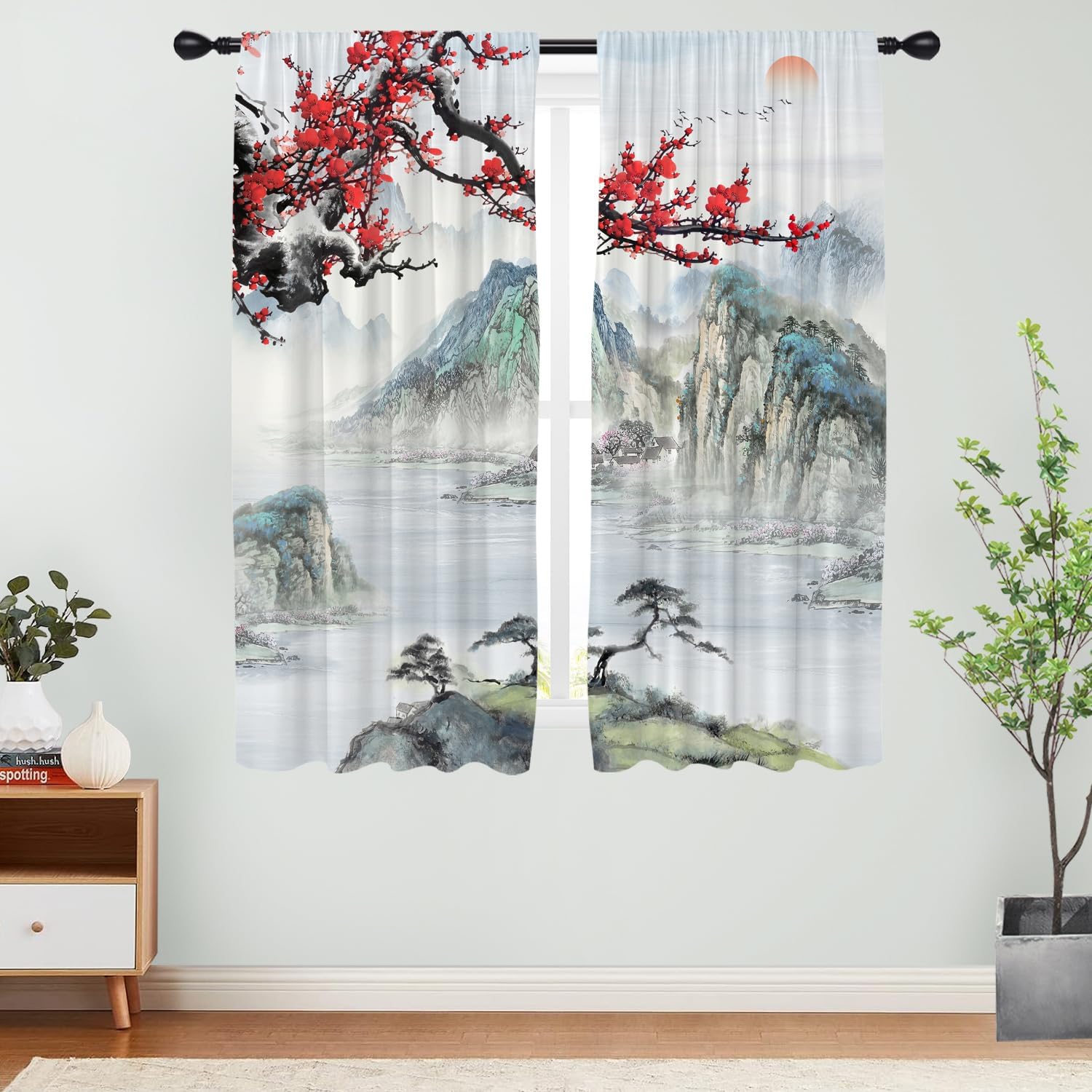 Japanese Window Curtain Panels Anime Cherry Blossom Asian Oriental Chinese Cool Red Floral Nature Lake Mountain Decorative Drapes Rod Pocket 42x63 Inches Bedroom Home Set for Living Room Decor