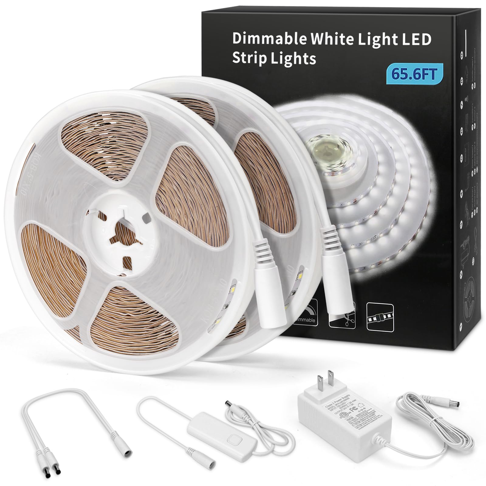 MYPLUS 65.6FT White Strip Lights, Dimmable LED Tape Light 6500K