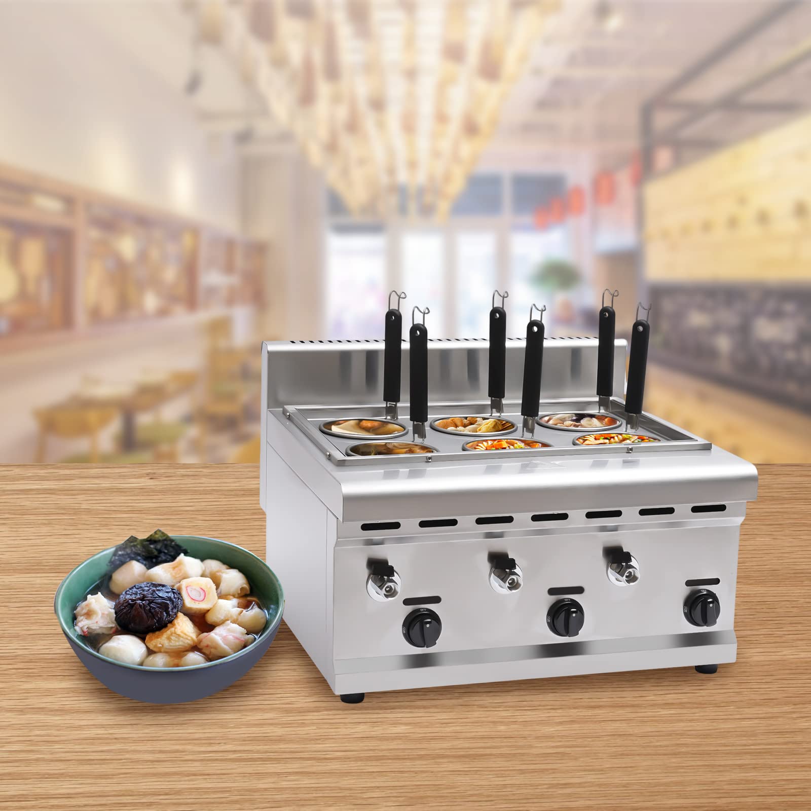 Commercial 6 Holes Pasta Cooker Noodles Cooker Machine Stainless Steel Lpg Gas Pasta Cooking Machine Noodle Dumpling Maker with 6 Pasta Baskets and Firepower Adjustment Knob