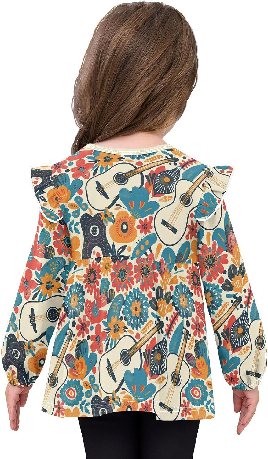 visesunny Toddler Clothes for Girls Bohemian Guitar Plant Long Sleeve Fall Shirts Cotton Top with Ruffle Collar