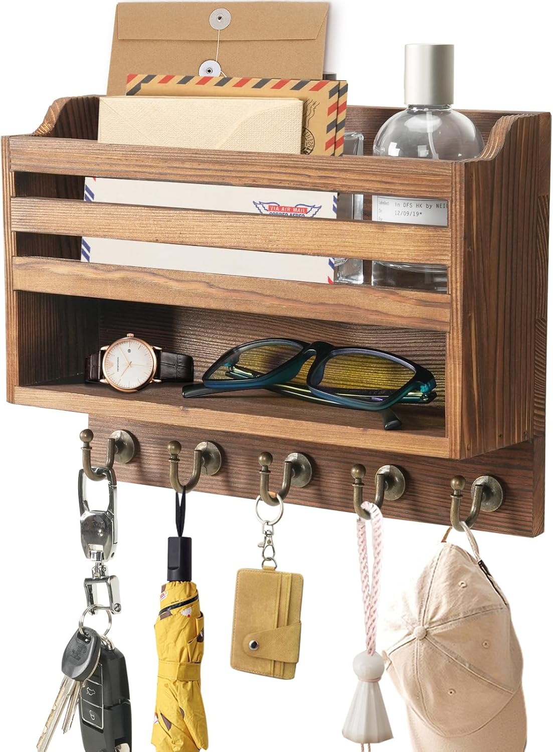KERESUEDO Mail and Key Organizer for Wall – Key Holder Wall Mount with Storage Box and 5 Key Hooks, Mail Holder Wall Mounted for Entryway, Apartment, Office, Home Decor Organization (Burnt Brown)