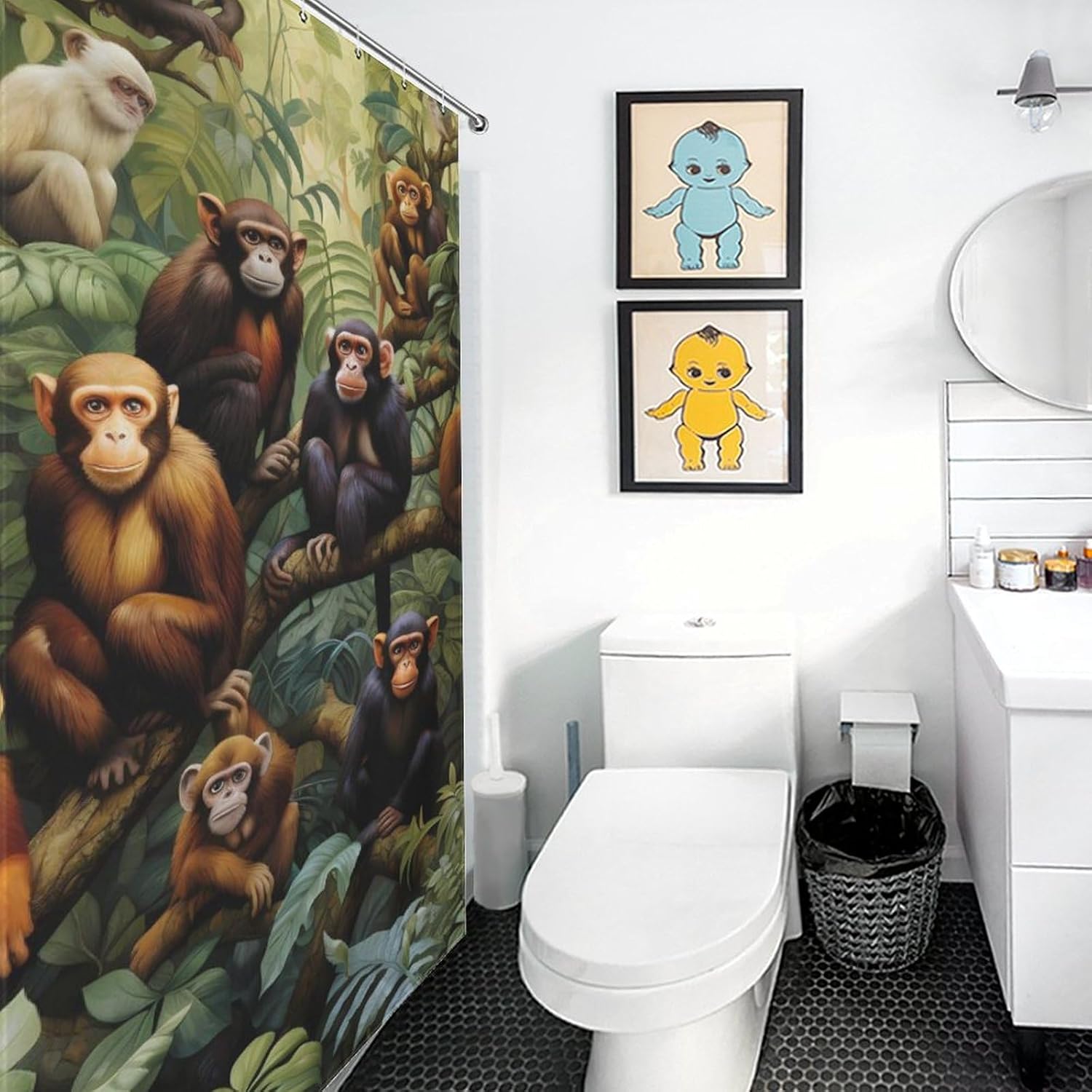 Monkey On The Tree Funny Shower Curtains Washable Bath Curtain Liner with Hooks for Bathroom Bath Tubs