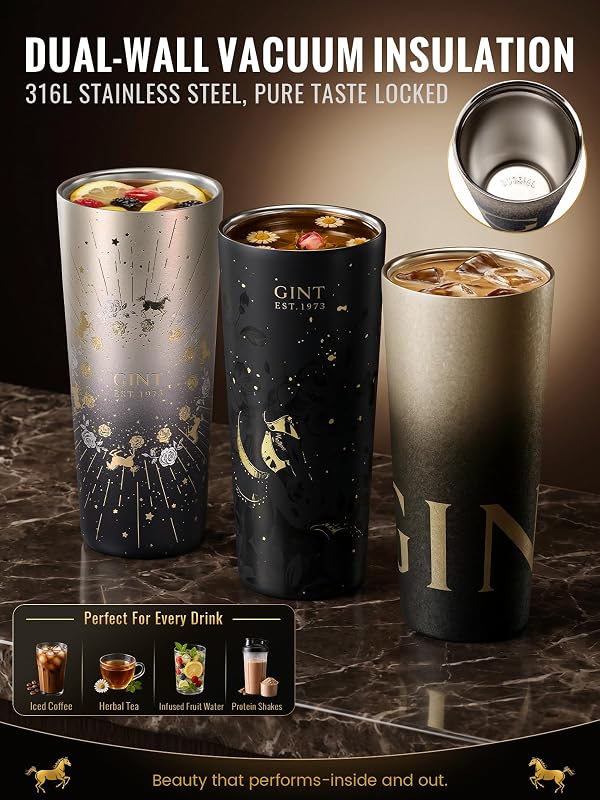 GiNT 25 oz Tumbler with Straw, Insulated Cup with Straw, 316L Stainless Steel Travel Tumbler with Leak-Resistant Screw Lid, Sweat-Free Cupholder Friendly Water Cup, Raised Gold Foil Artwork by GiNT - Used condition - Image 7