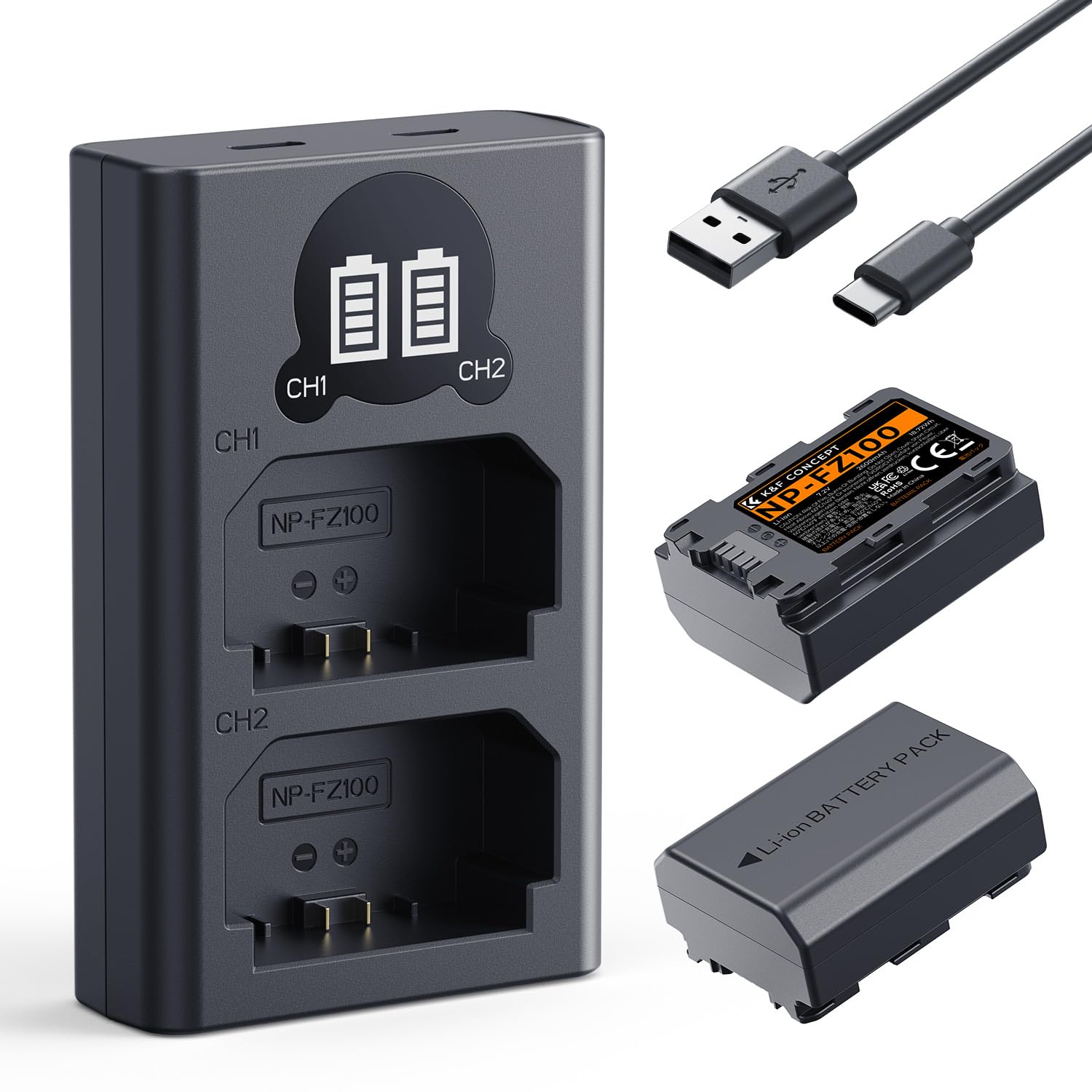 K&F CONCEPT 2600mAh NP-FZ100 Batterie et Chargeur 2 Batteries | Compatible avec Sony A6700, A7iv, A7iii, A7 III, FX3, FX30, A6600, A7C, A7RIV, A7Siii, ZV-E1, ZV-E10ii, Alpha 9 II et A9S