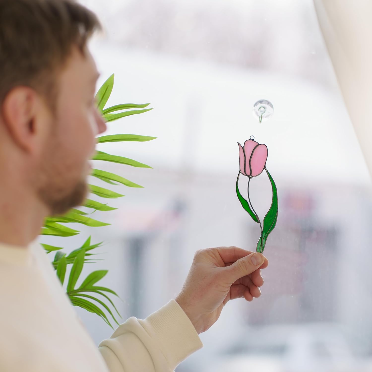 Pink Tulip Handmade Stained Glass Suncatcher Stained Glass Window Hangings Unique Indoor Ornament & Outdoor Decor