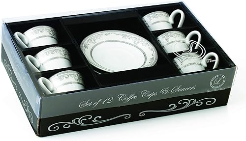 Miniatura 5 de World Gifts Juego de tazas y platillos de espresso para capuchino, café con leche, café moca, plateado floral, 2 onzas, juego de 6