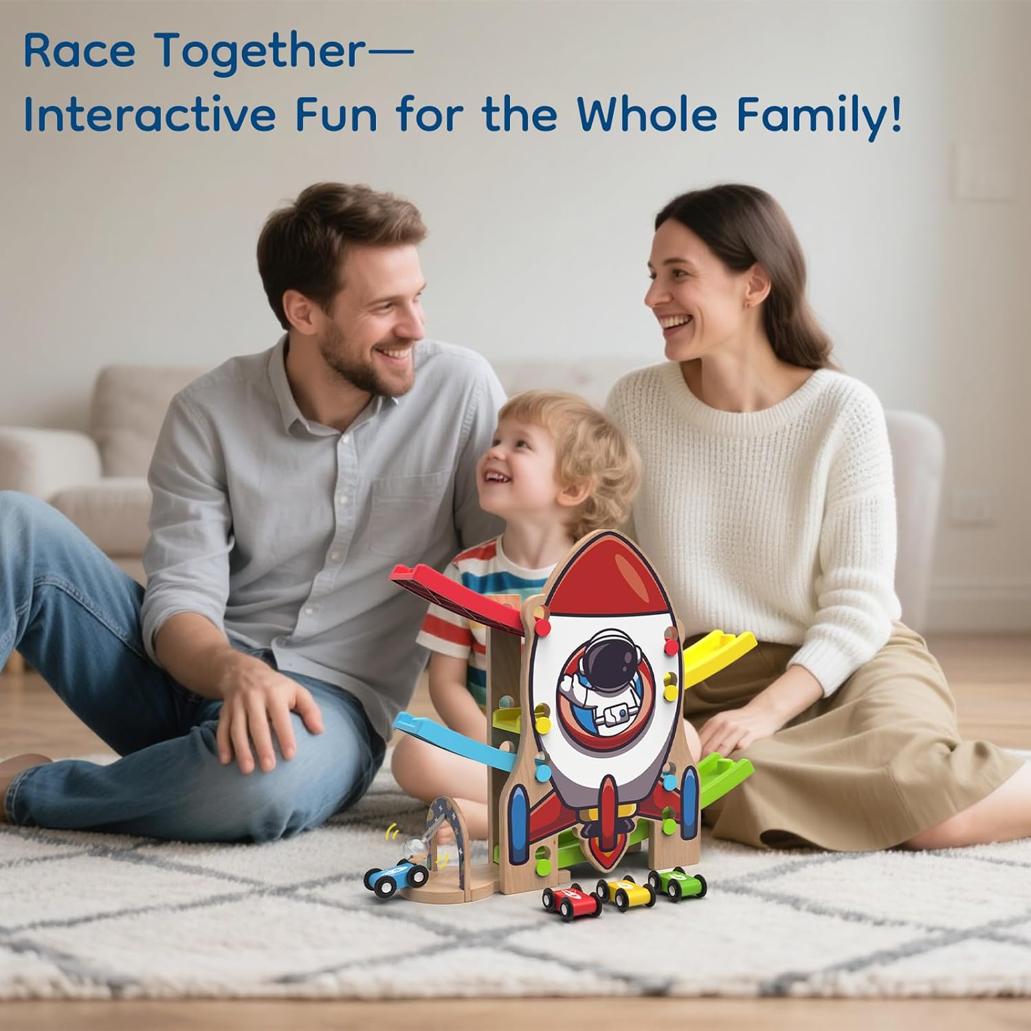 Wooden Race Track Car Ramp Racer Toy for Toddlers, Rocket Car Ramp Toy Vehicle Playsets with 4 Mini Cars - Fine Motor Skills Toddler Toys for 2 3 Year Old Boy and Girl Birthday Gifts