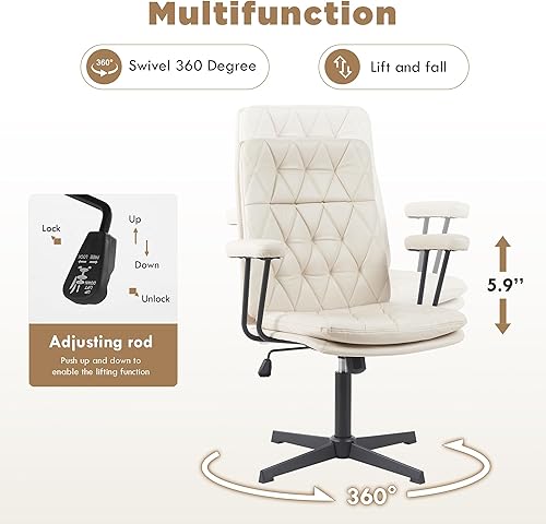 Miniatura 4 de Silla de escritorio sin ruedas, silla giratoria de oficina en casa con patas cruzadas Sillón de acento sólido blanco crema