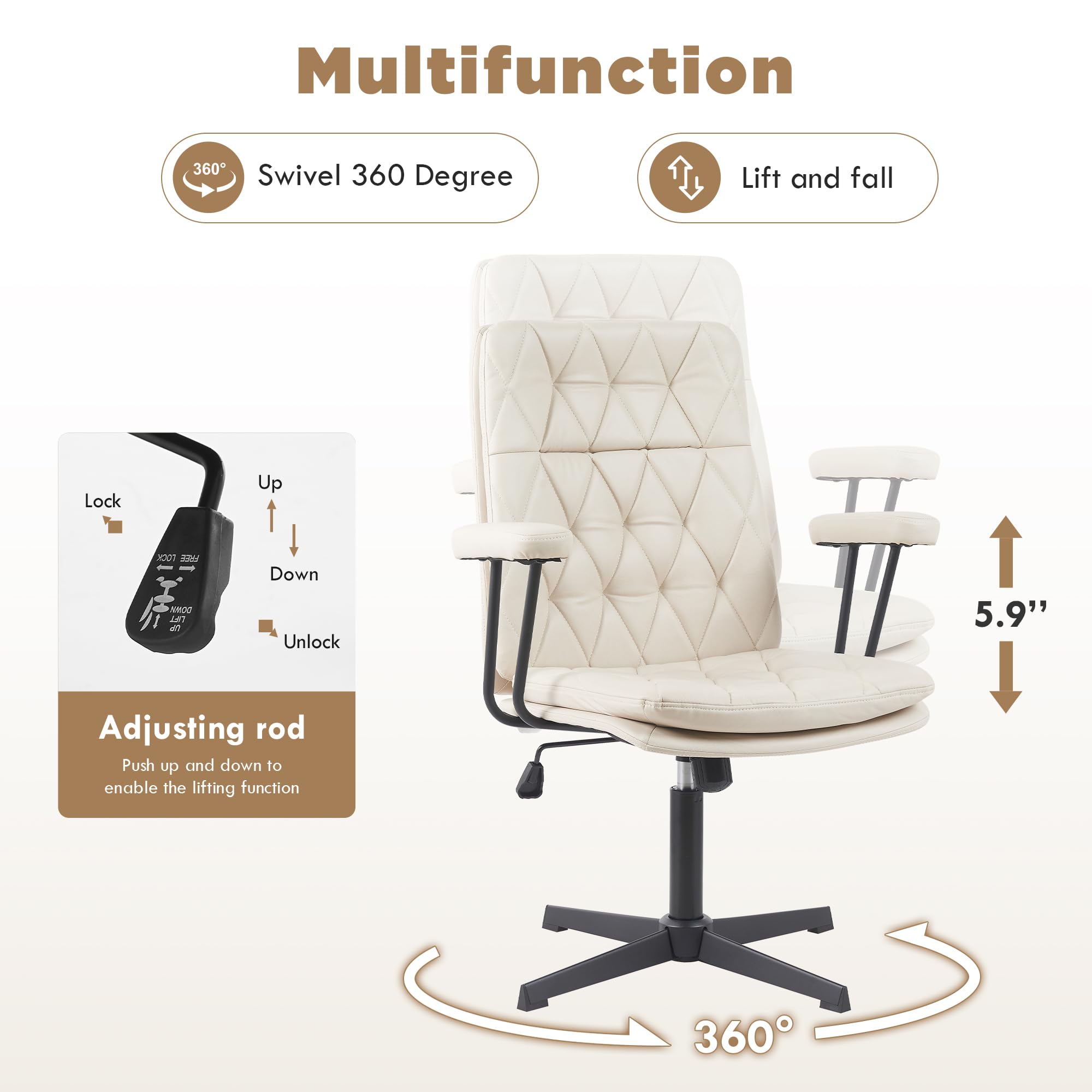 Silla de escritorio sin ruedas, giratoria, inclinable, para oficina en casa, con patas cruzadas, color blanco crema