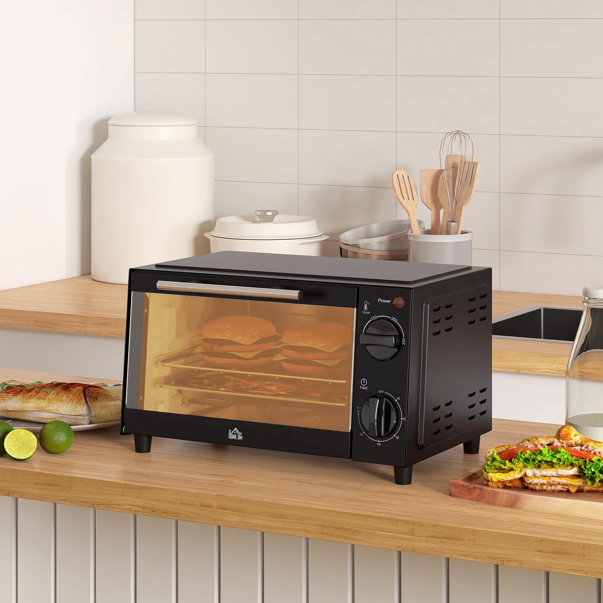 HOMCOM Mini Backofen 9 L 750W 100-230℃ 60 Min. Timer inkl. Backblech, Grillrost, Glas Fenster, Platzsparend Minibackofen Pizza-Ofen, Schwarz