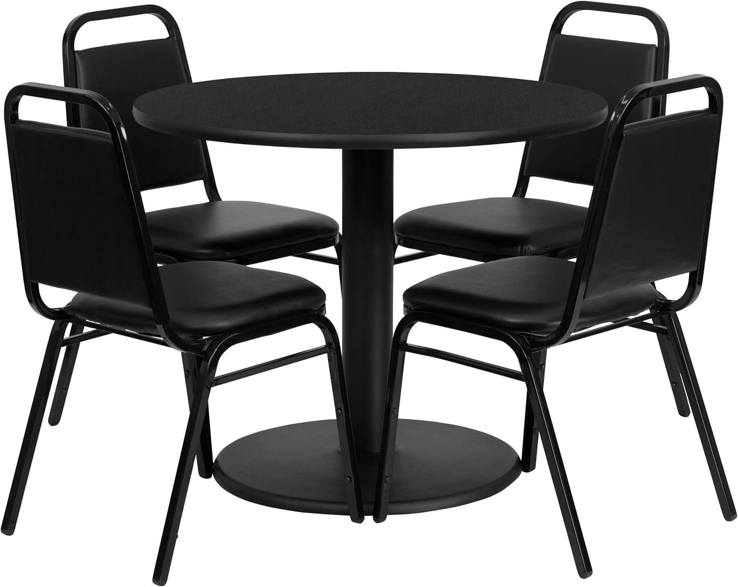 BOWERY HILL 5 Piece Dining Table Set, Round Laminate Table 36 in Black, 4 Trapezoidal Back Banquet Chairs, Commercial Grade, Heavy Duty, Stacking Design for Banquet Halls, Restaurants, Cafeterias