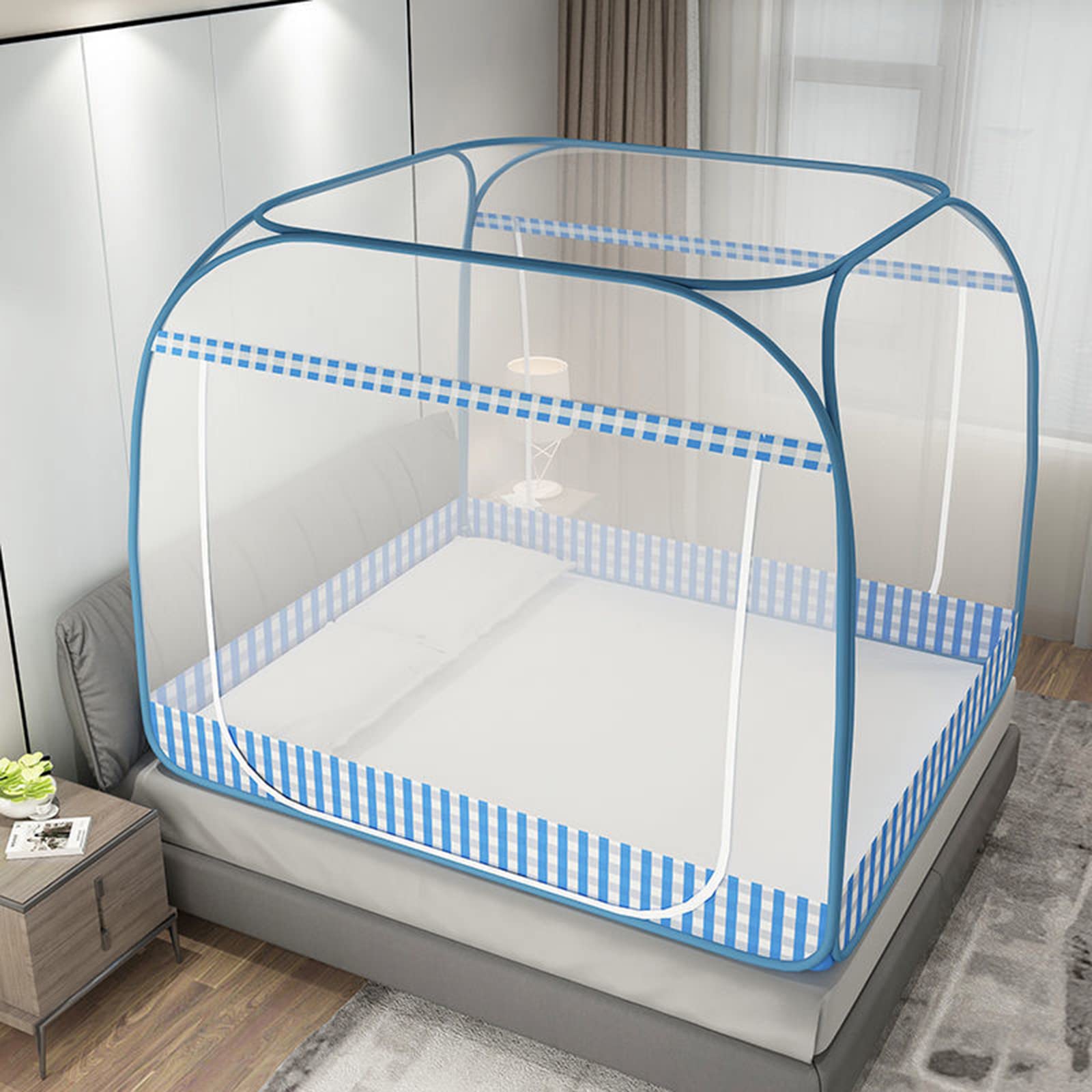 Mosquitera, Dosel para Cama, mosquiteras portátiles de Viaje, Cortina Plegable de Doble Puerta para Acampar con Cremallera de 360° previene eficazmente Moscas, Mosquitos, etc. (Azul, 70,8 x 78,7 x 6