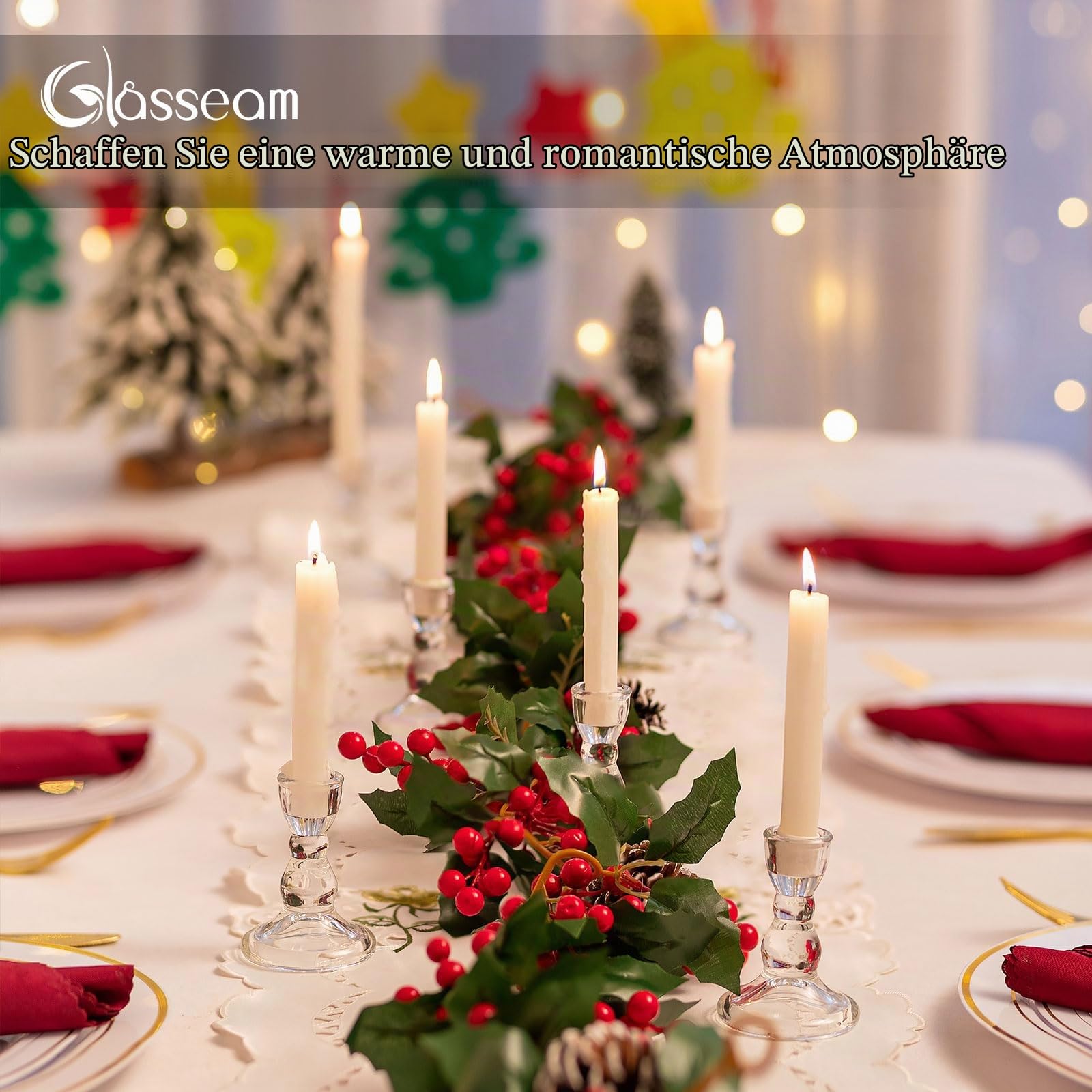 Glasseam Glas Kerzenständer Stabkerzen: 20 Stück Kerzenhalter Stabkerze | Transparent, Klein, Weihnachten, Advent, Hochzeit, Tischdeko, Kommunion