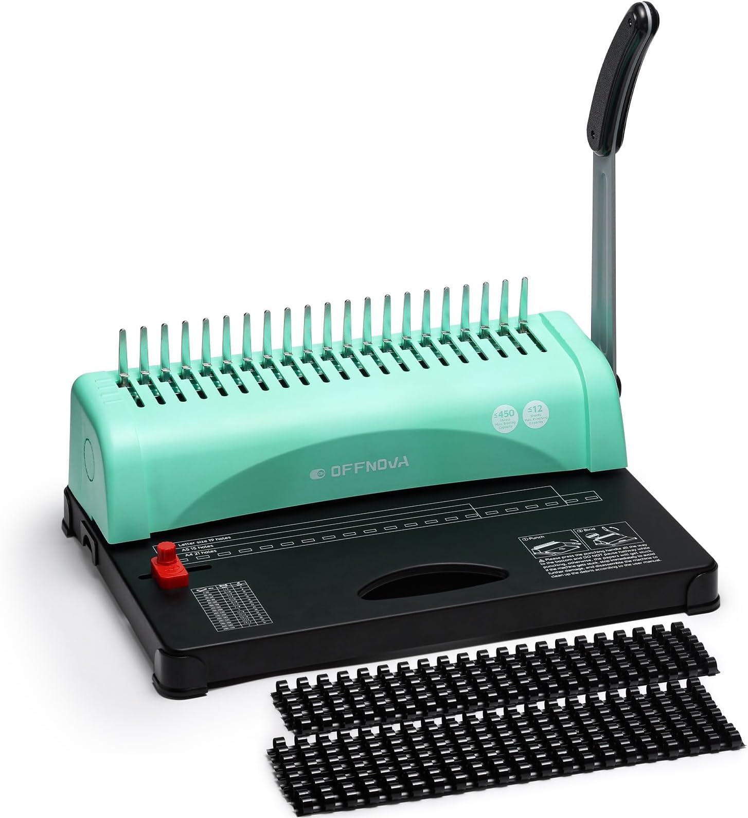 OFFNOVA Binding Machine, 21-Hole 450 Sheets Paper Comb Punch Binder Machine for Letter Size / A4 / A5 Paper, Easy to Punch Handle, Adjustable Margin