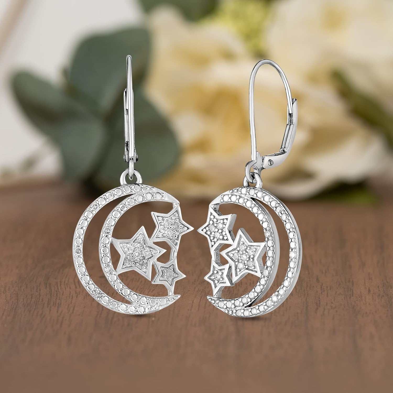 Natalia Drake Moon Star Leverback Dangle 1/7 Cttw Diamond Earrings for Women in Rhodium Plated 925 Sterling Silver