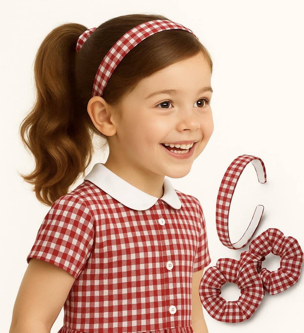 Girls Gingham Hair Set - Red School Headband & 2 Matching Scrunchies