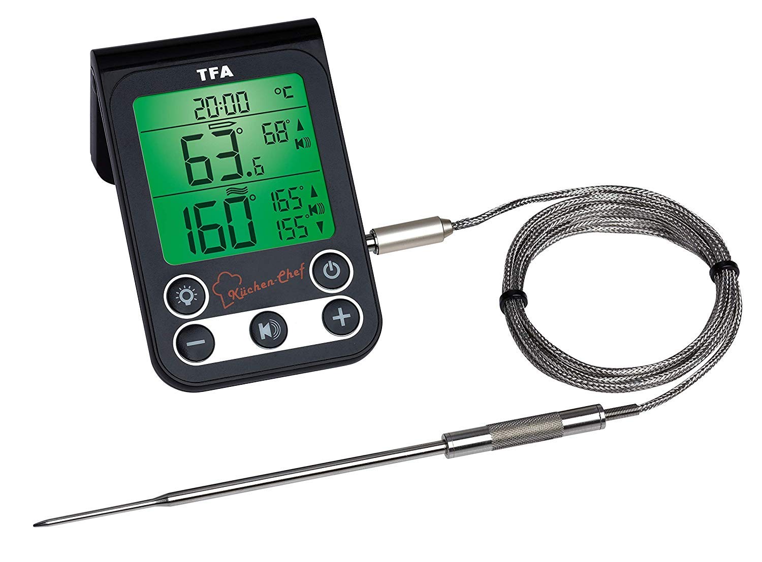 TFA Dostmann 14.1512.01 Küchen-Chef Digitales Grillthermometer Bratenthermometer, Kontrolle der Kerntemperatur und Garraumtemperatur, mit Knickschutz und Alarmton (schwarz mit Batterien)