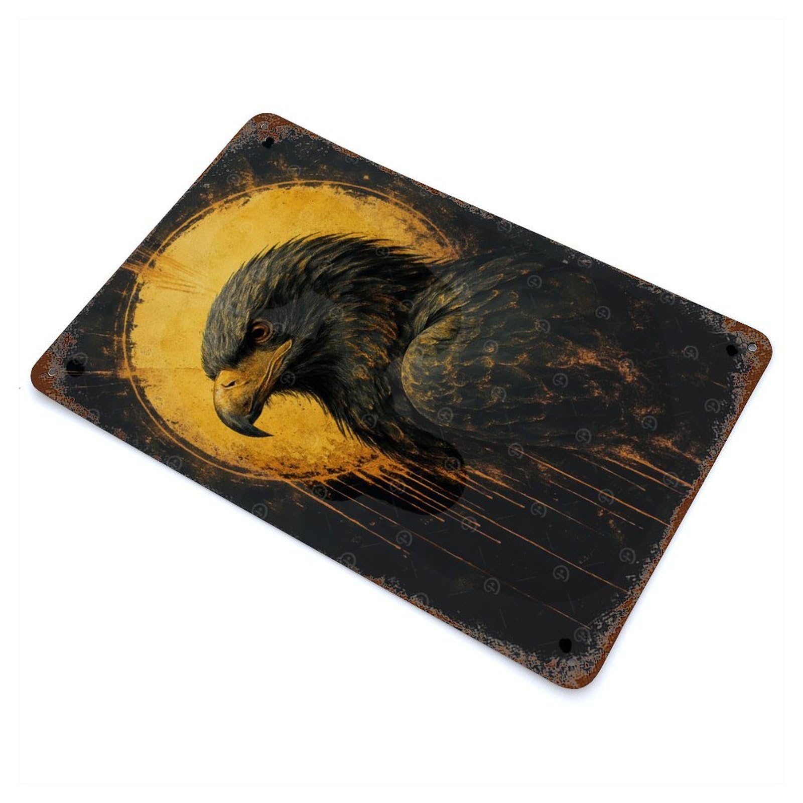 Eagle Portrait with Golden Halo Vintage Wall Sign 11.8"x7.9", Rust Effect Metal Decor for Bistro, Counter And Cafe Decor