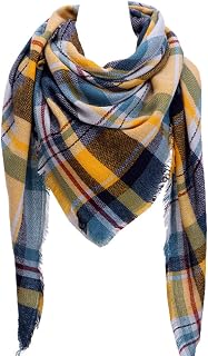 Women's Fall Winter Triangle Scarf Classic Tassel Plaid Scarves Warm Soft Chunky Large Blanket Wrap Shawl Scarves (Yellow Blue)