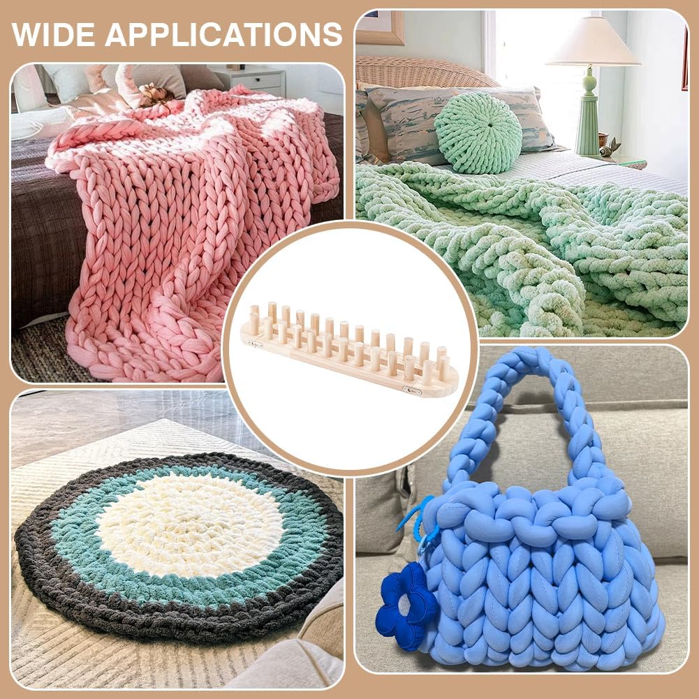 UNICRAFTALE Chunky Knitting Blanket Loom Wooden Knitting Loom Kit Pine Frame Foldable Looms for Hand Weaving Beginner Looms Parent Craft Gift Making 21.5x4.92x2.8 Inch