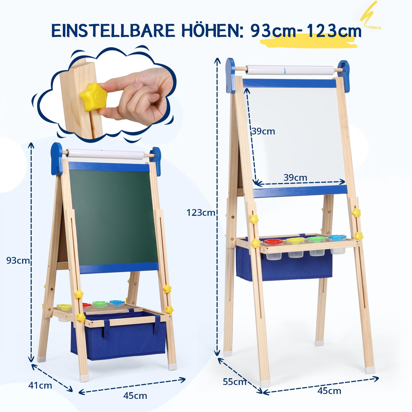 Kinder-Staffelei 3-1, magnetische Kreidetafel und Whiteboard, Papiermalerei, großer Stauraum mit Canvas-Tasche, Malsets mit Fingerfarben, Kreiden, Pinseln, Zahlenbuchstaben, Magneten, Schürze