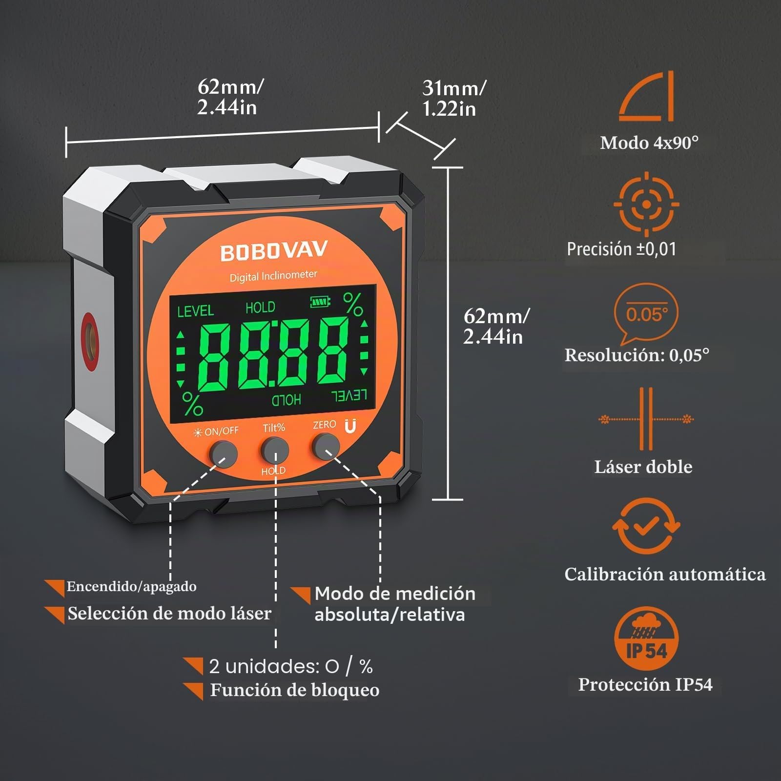 Medidor Nivel Digital Laser Inclinómetro Magnético de 4 Caras laterales con Láser Recargable, Medidor de Ángulo 4 * 90°,con Nivel Electrónico para Tuberías, Carpintería, Marcos