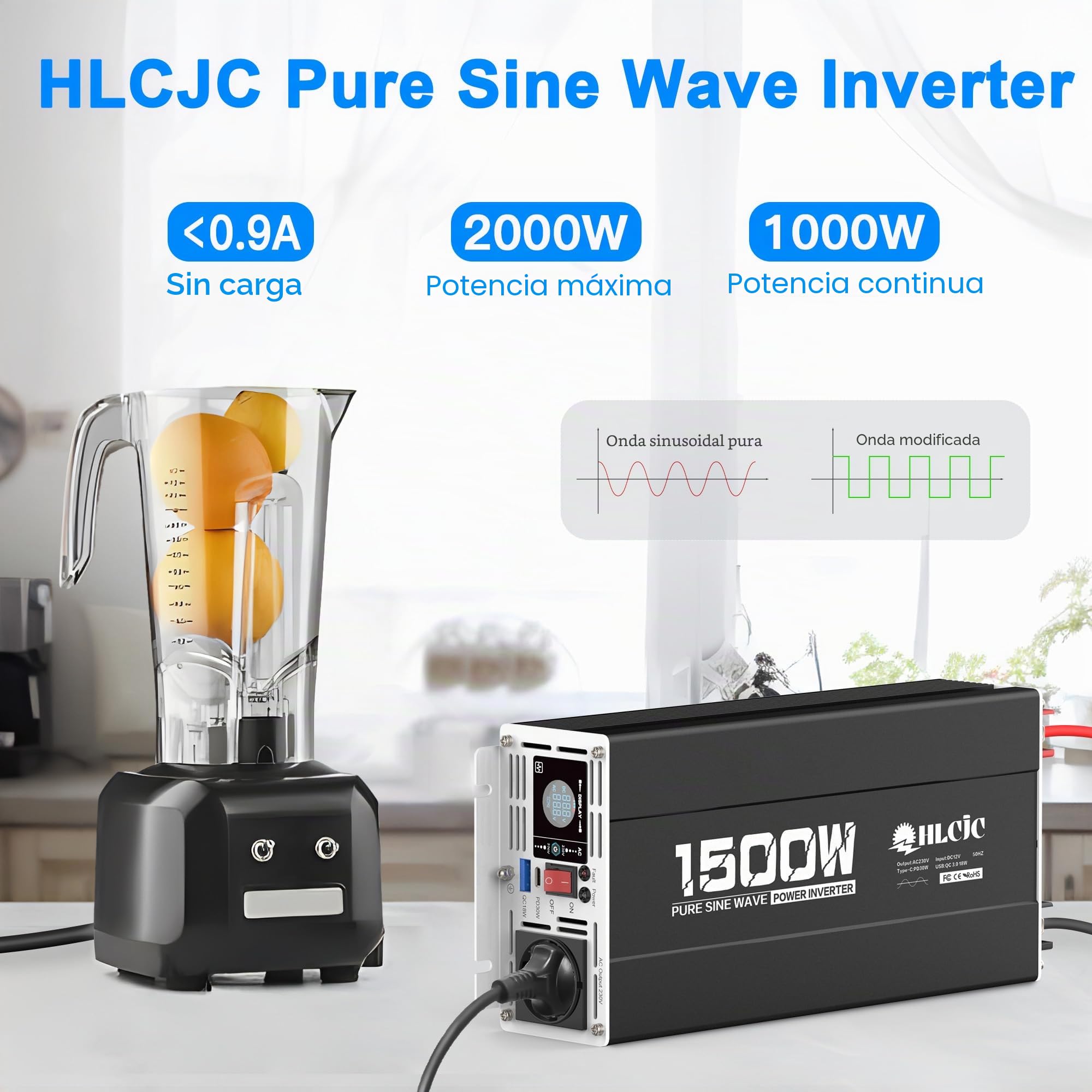 Inversor de corriente sinusoidal puro de 1500 W/3000 W, 12 V a 230 V, 1 enchufe europeo, con 1 x PD 30 W USB-C, 1 x QC 3.0 18 W USB-A de carga rápida, pantalla LCD para autocaravana, camión