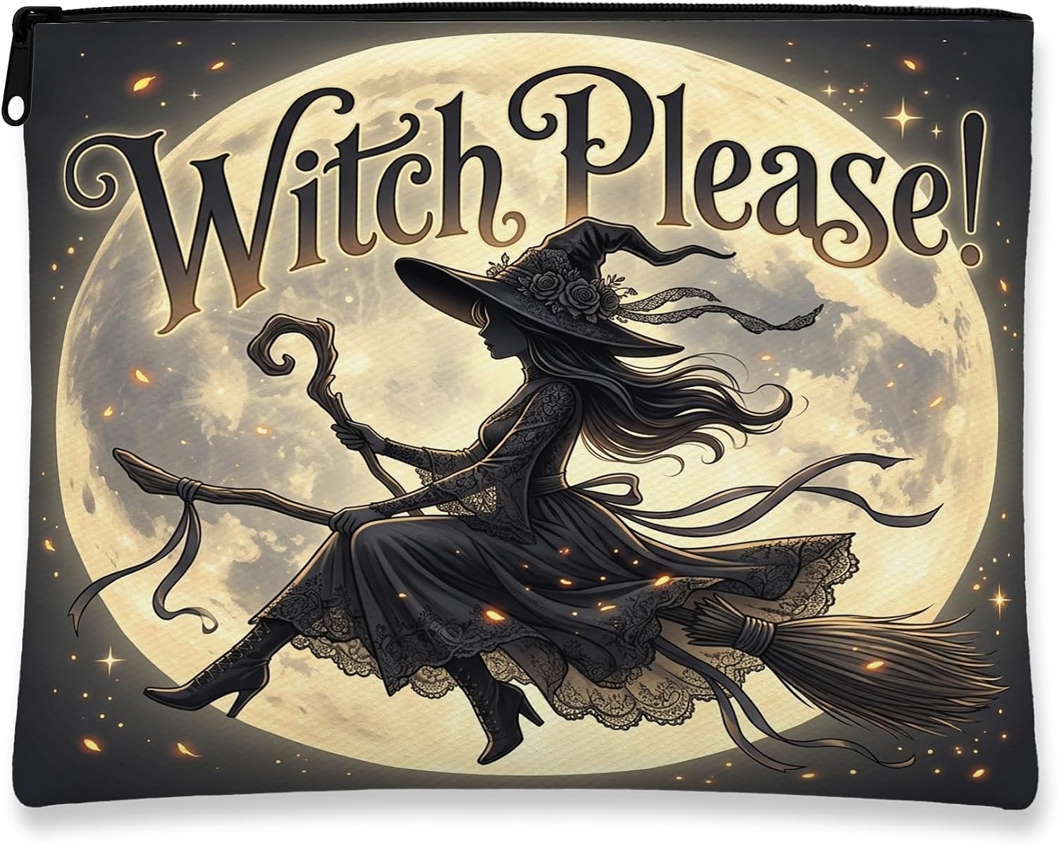 Witch Canvas with Zipper, Fanciful Festive Broomstick Moon Halloween Black Portable with Zipper Travel Makeup Bag for Travel, Purse, Bathroom, Vanity and Daily Storage 7x9 Inch