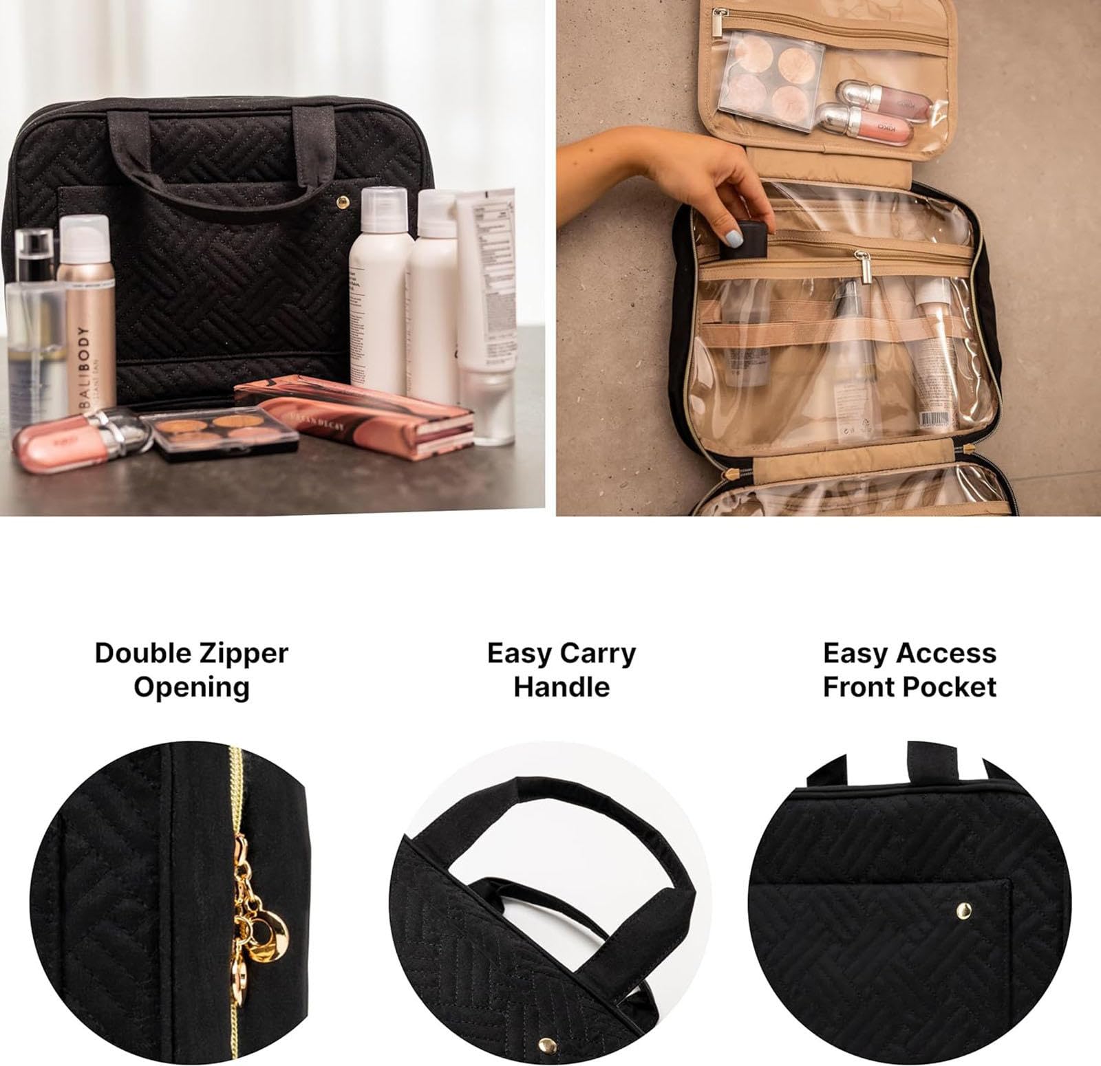 Borsa per Trucchi Portatile con Gancio per Appendere, Borsa da Toilette Impermeabile per Donne e Ragazze, Borsa per Cosmetici di Grande Capacità, Accessori da Viaggio,A