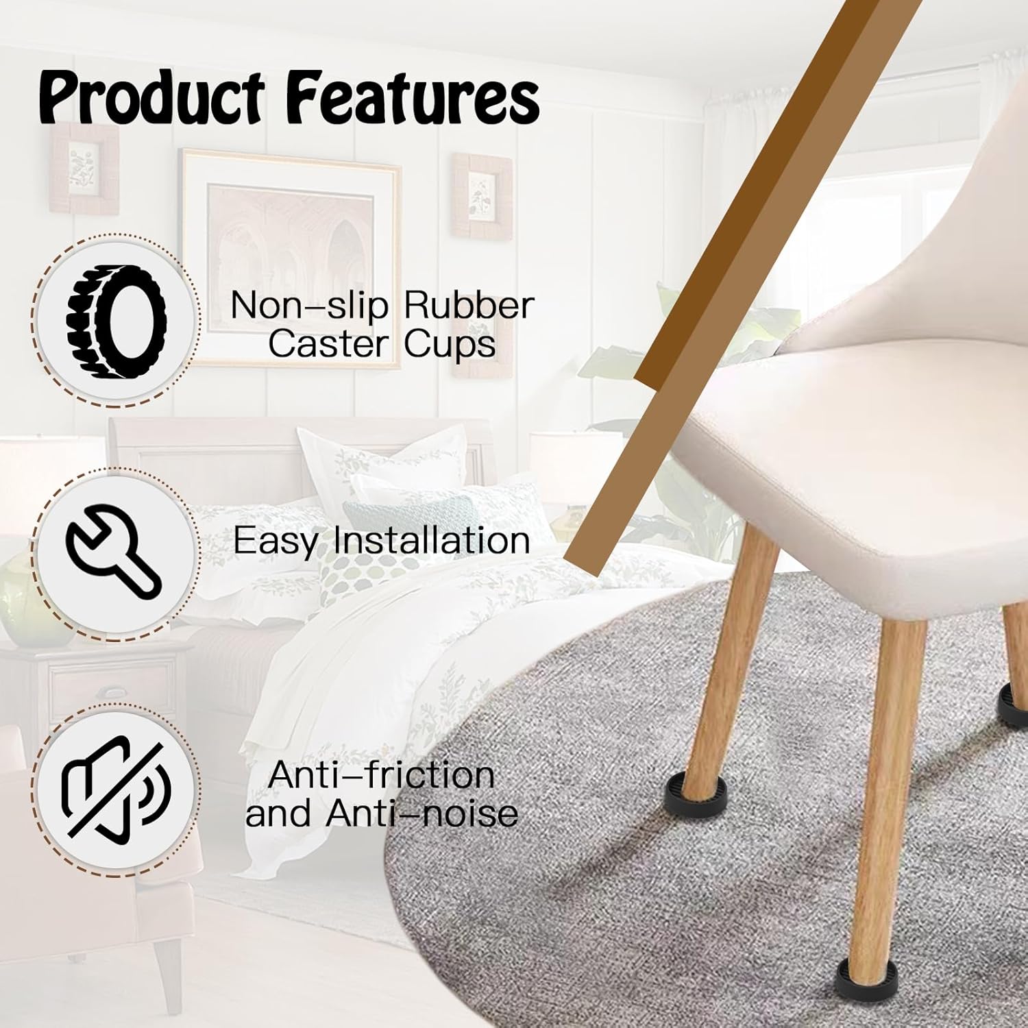4Pcs Round Rubber Caster Cups, 2 Inch Non Slip Furniture Caster Pads Bed Feet Anti Skid Gripper, Anti Slide Floor Protector Bed Stopper for Chair, Table (Black)