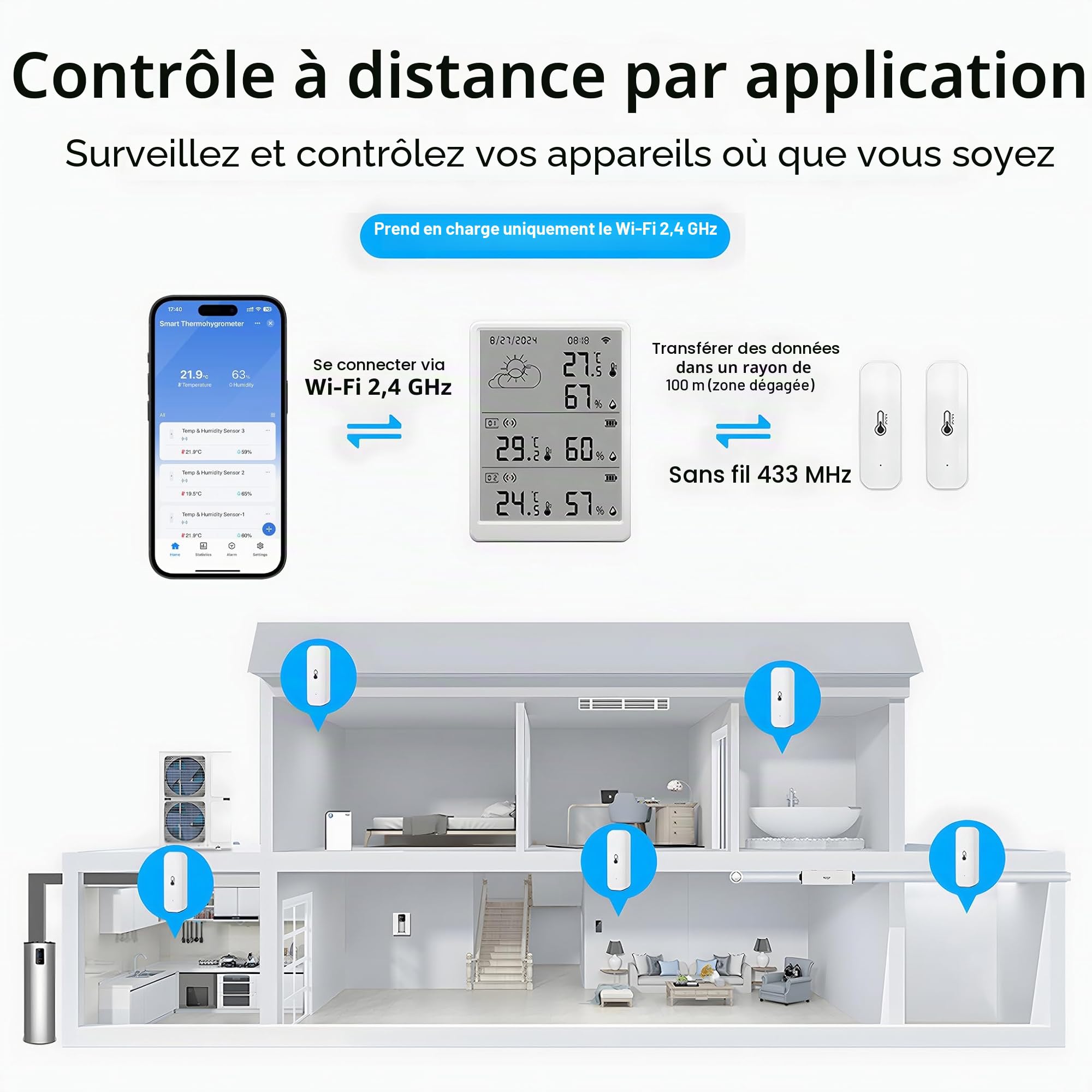 Thermomètre hygromètre WiFi - Capteur de température et d'humidité par application - Portée de 100 m - Compatible avec Alexa (4 capteurs + station de base)