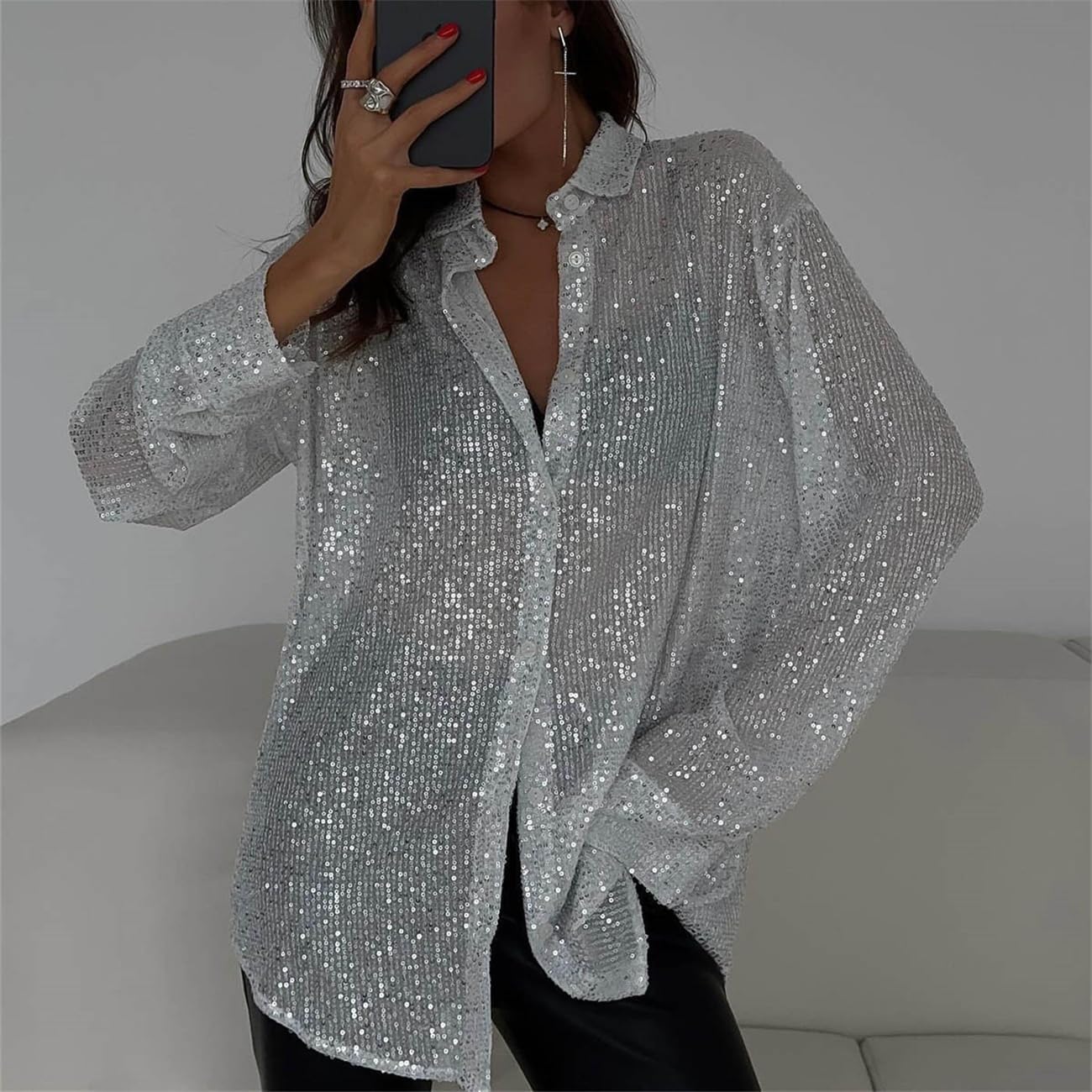 MINTLIMIT Women's Sequin Shirt Open Front Long Sleeve Collared Shirt Loose Blouses Glitter Button Down Shirt Tops - Image 2