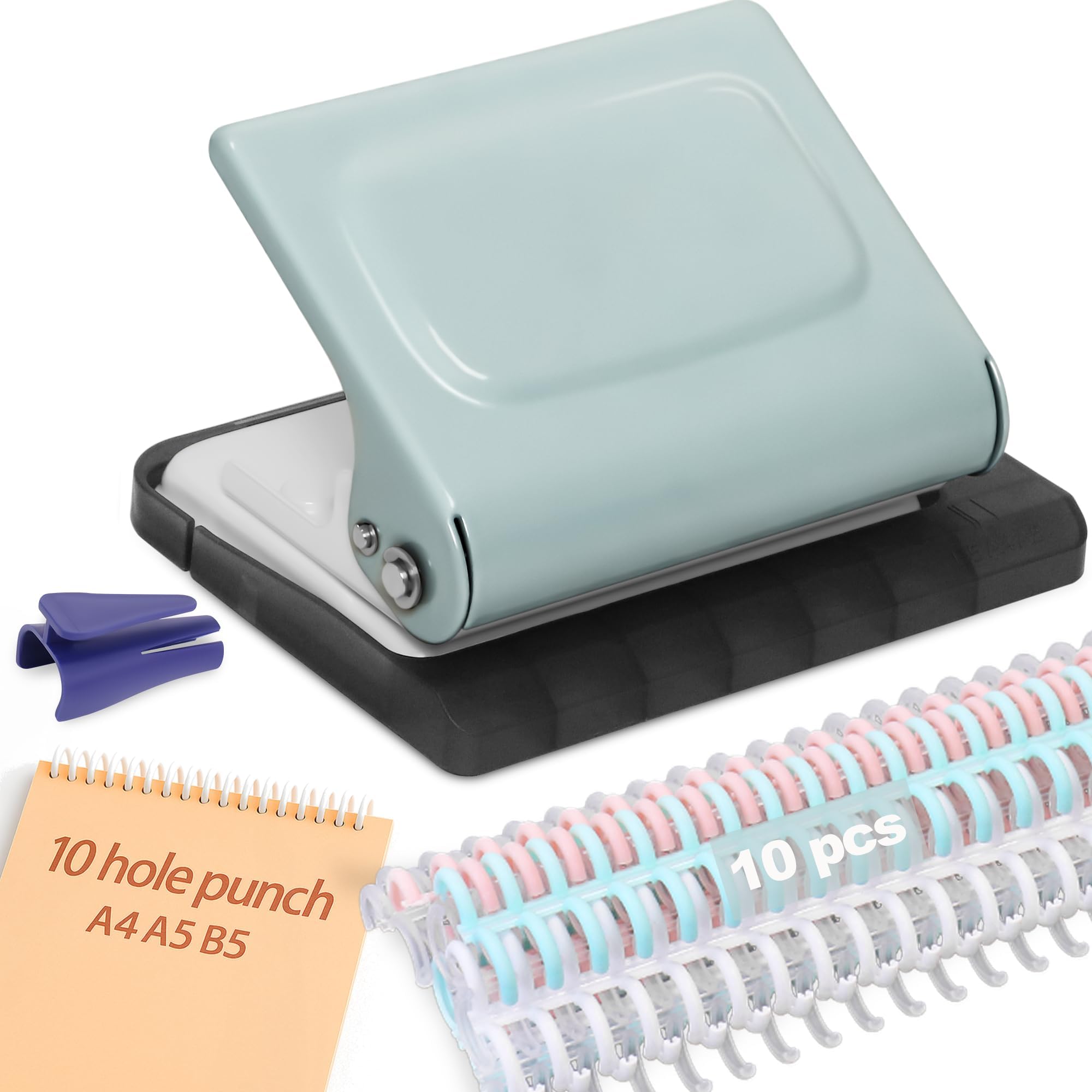 Relieuse À 10 Trous,comprenant 10 Anneaux de Reliure Multicolores(30 Trous) | 30 Trous pour A4, 20 Trous pour A5, 26 Trous pour B5, Capacité de 10 Feuilles, Bleu