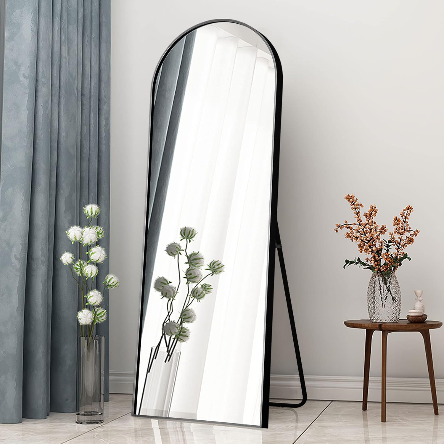 NeuType 65"x22" Arched Full Length Mirror Standing Hanging or Leaning Against Wall, Large Wall Mirror Floor Mirror Dressing Mirror, Aluminum Alloy Thin Frame, Black