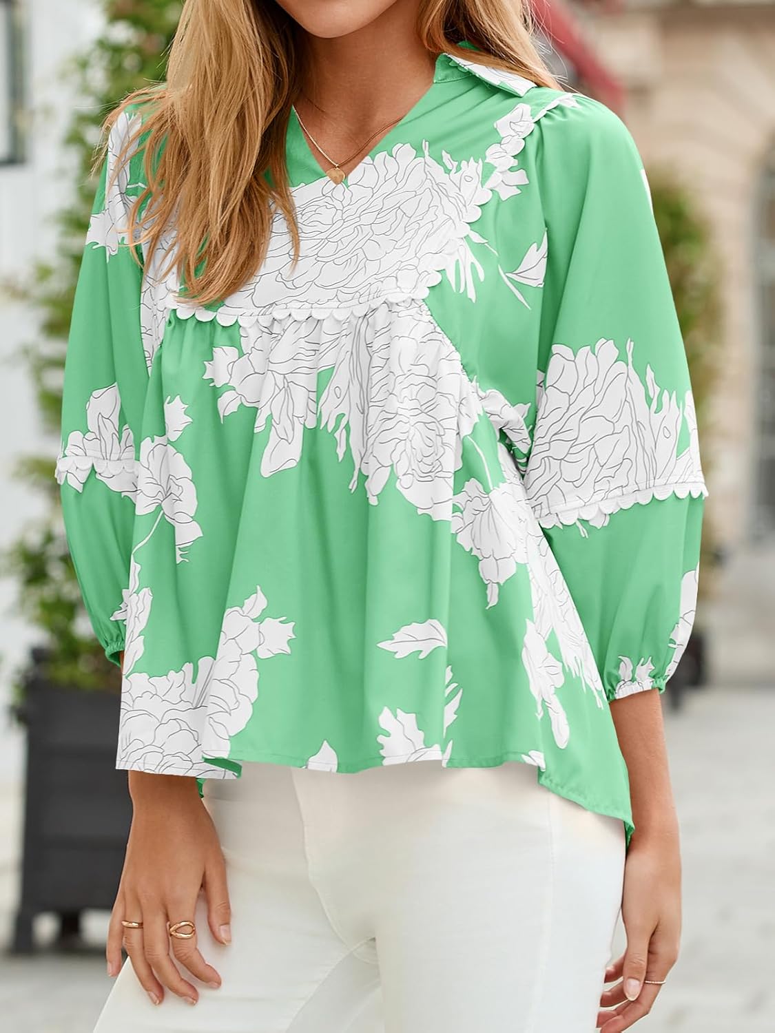 Tankaneo Womens Floral Peplum Babydoll Tops 3/4 Puff Sleeve Pleated Blouse Cute Casual V Neck Loose Fit Flowy Boho Shirts - Image 2