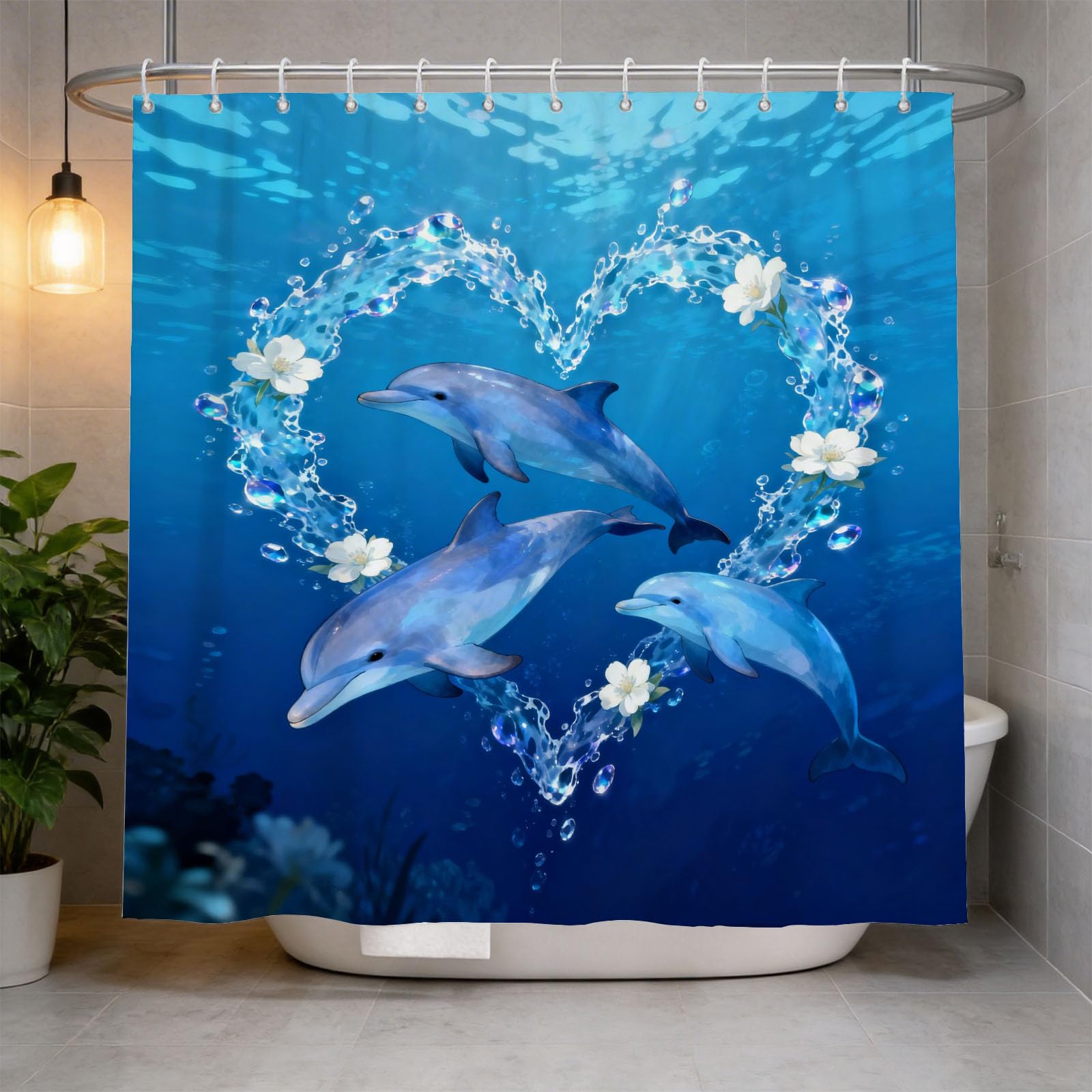 Hongduo 3D Heart Dolphin Shower Curtain for Stalls Bathtubs Cartoon Bathroom Decor Shower Curtain Set Polyester Fabric Waterproof 120x180cm/48X71 Inch with Hooks