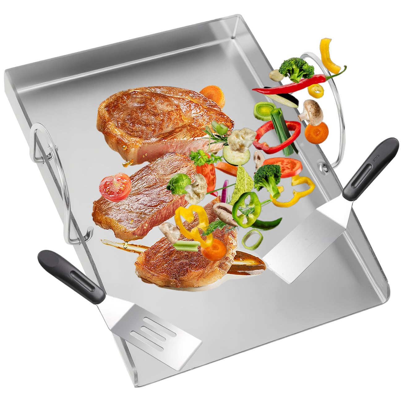 Plaque de cuisson en acier inoxydable - 40 x 30 cm - Épaisseur : 4 mm - Avec poignée amovible - Plaque de cuisson pour barbecue à gaz, barbecue à charbon et hamburgers - Plaques de cuisson
