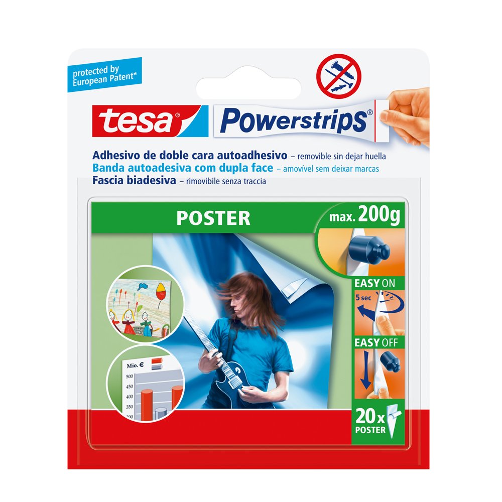 tesa Powerstrips POSTER - Strisce Biadesive per Foto - Strisce Adesive Coniche per l'Applicazione di Quadri - Peso Massimo fino a 200 gr - Confezione da 20