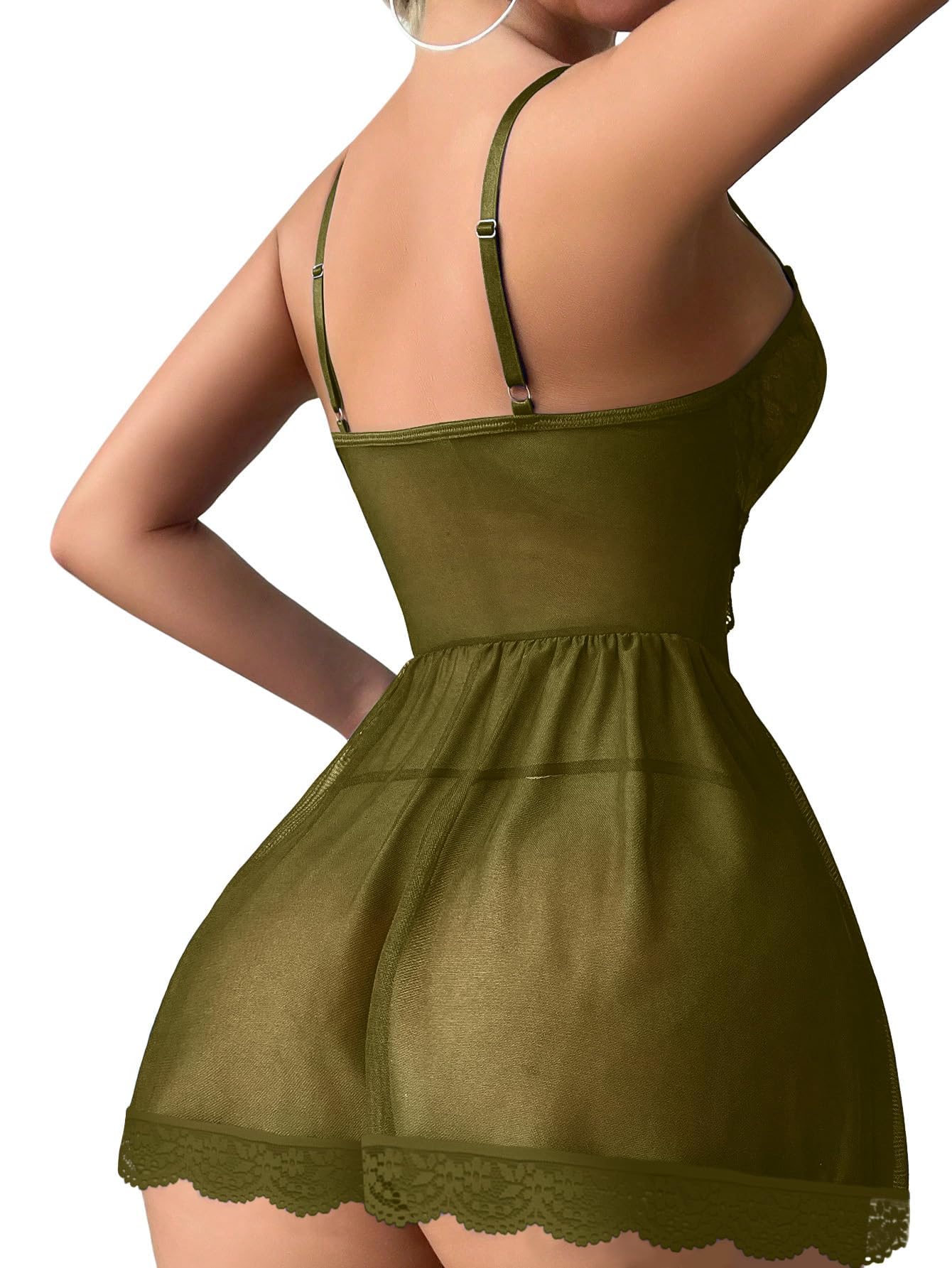 Lilosy Sexy Floral Lace Babydoll NightDress Thong Chemise Lingerie Nightwear Cute Underwire Push Up Corset Outfit with Women Mesh Sheer Nightgown Slip Army Green Small: XX-Large Army Green