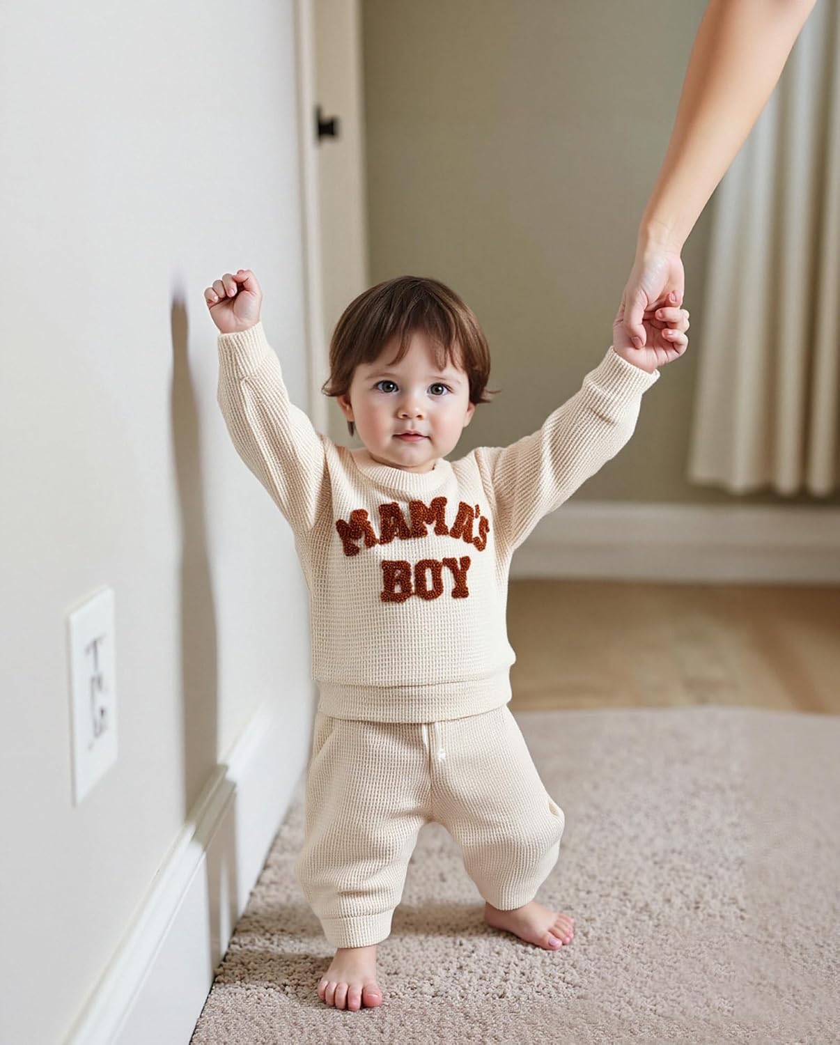 Toddler Baby Boy Fall Winter Clothes Mama's Boy Outfits Letter Waffle Knitted Sweatshirt Tops and Casual Pants Set - Image 5