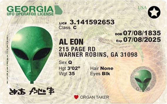Signs 4 Fun Parody Drivers License | Georgia Alien ID | Fake ID Novelty Card | Collectible Trading Card Drivers License | Novelty Gift for Holidays | Made in the USA